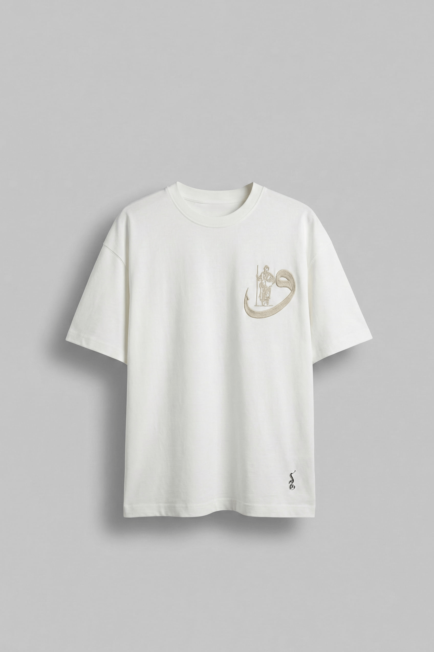 Erkek Oversize Pamuklu Kaligrafi Nakışlı Motif T-Shirt Beyaz