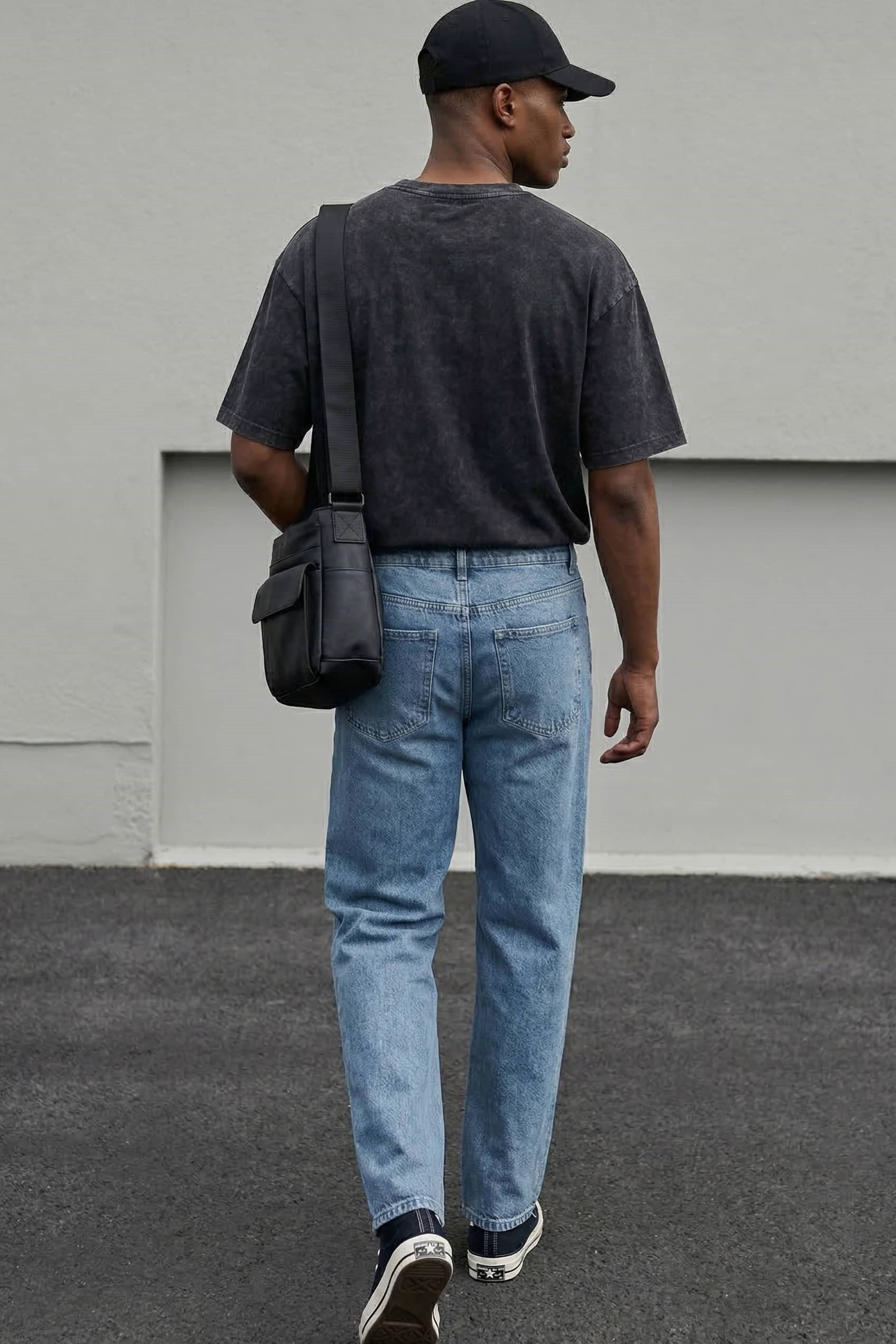 Erkek Oversize Patchwork Nakışlı T-Shirt Siyah