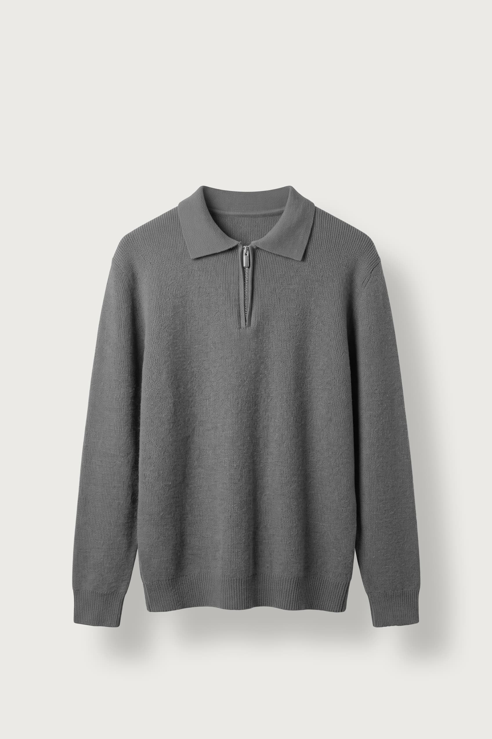 Erkek Oversize Polo Yaka Fermuarlı Triko Kazak Koyu Gri