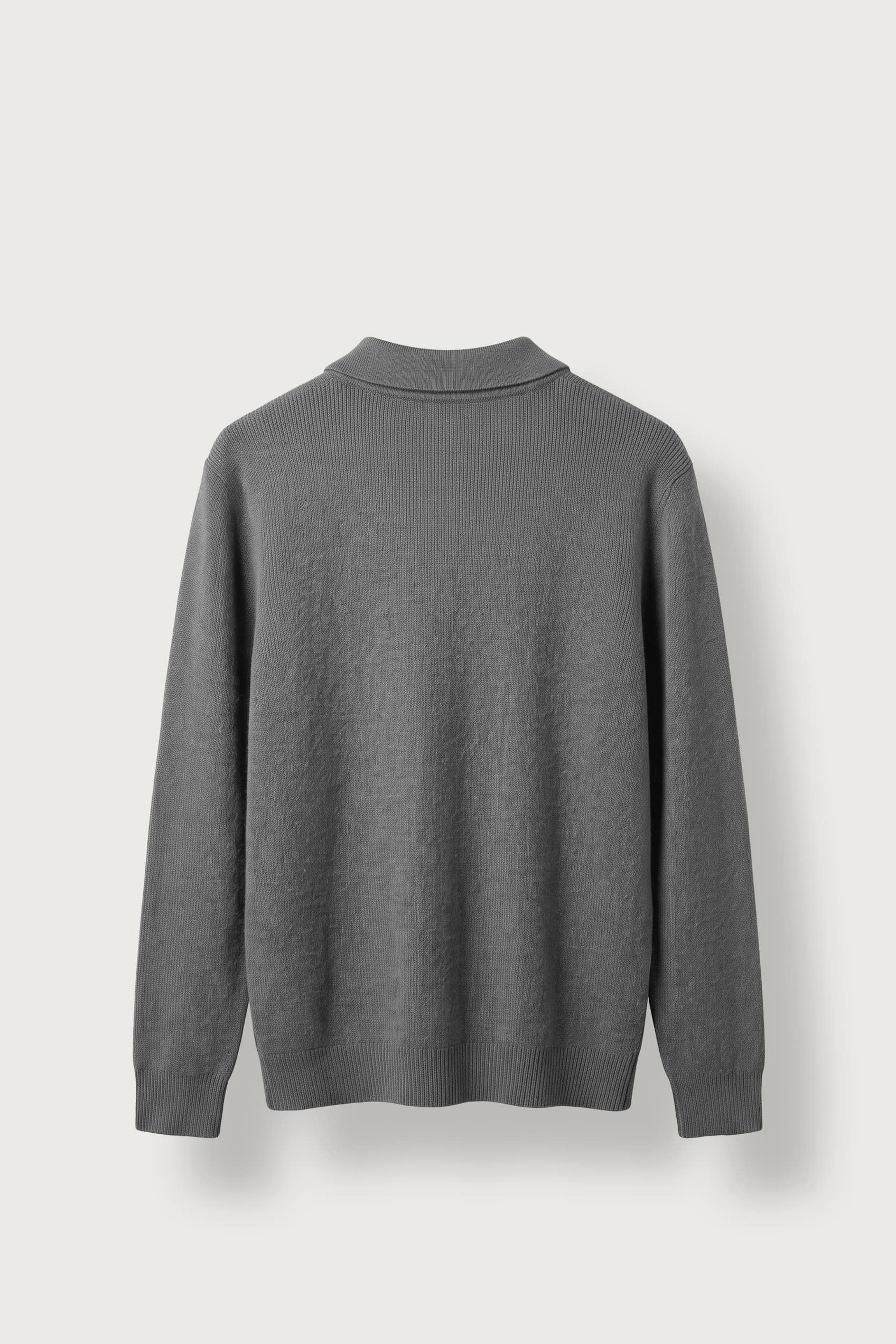 Erkek Oversize Polo Yaka Fermuarlı Triko Kazak Koyu Gri