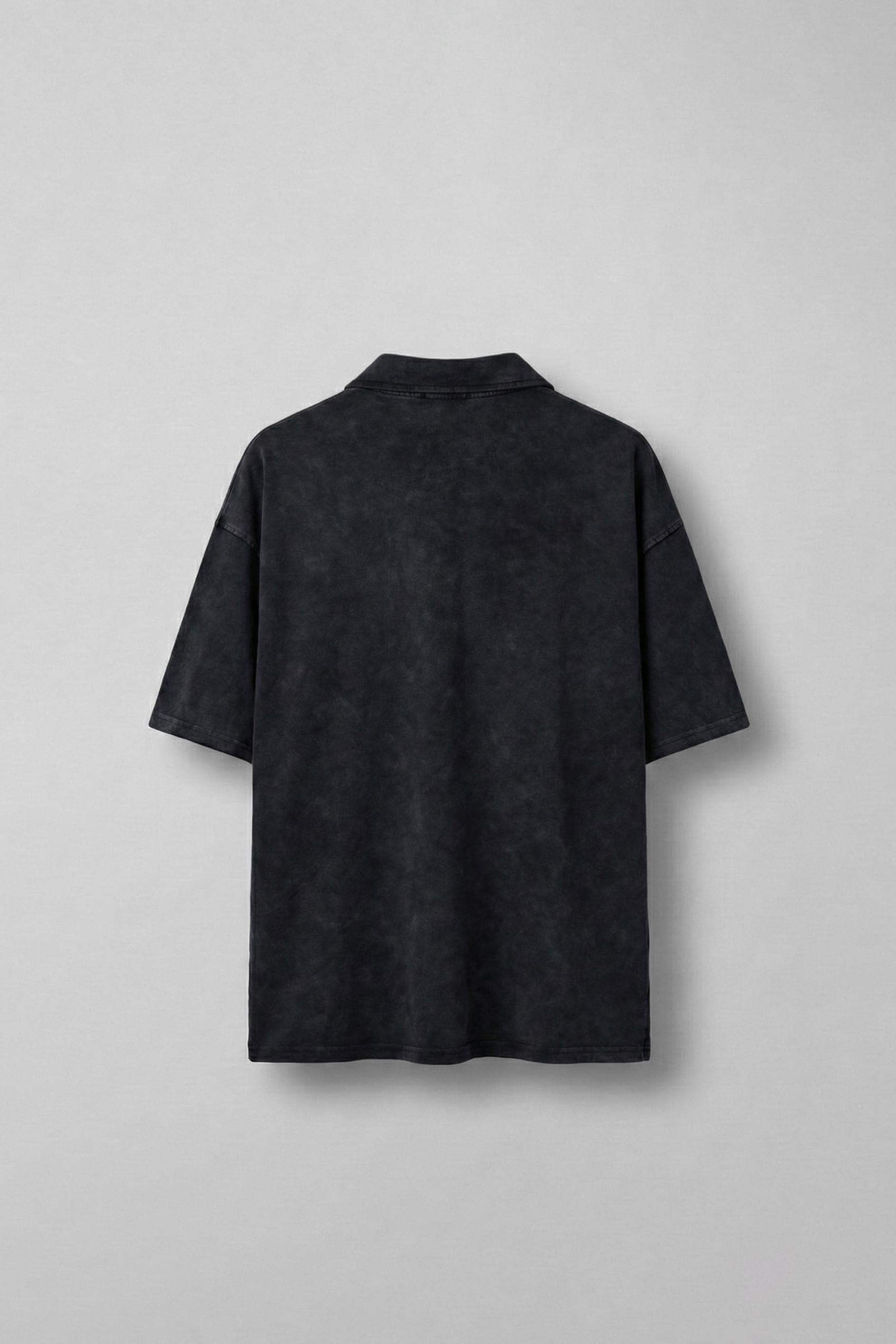 Erkek Oversize Polo Yaka Yıkamalı T-Shirt Siyah