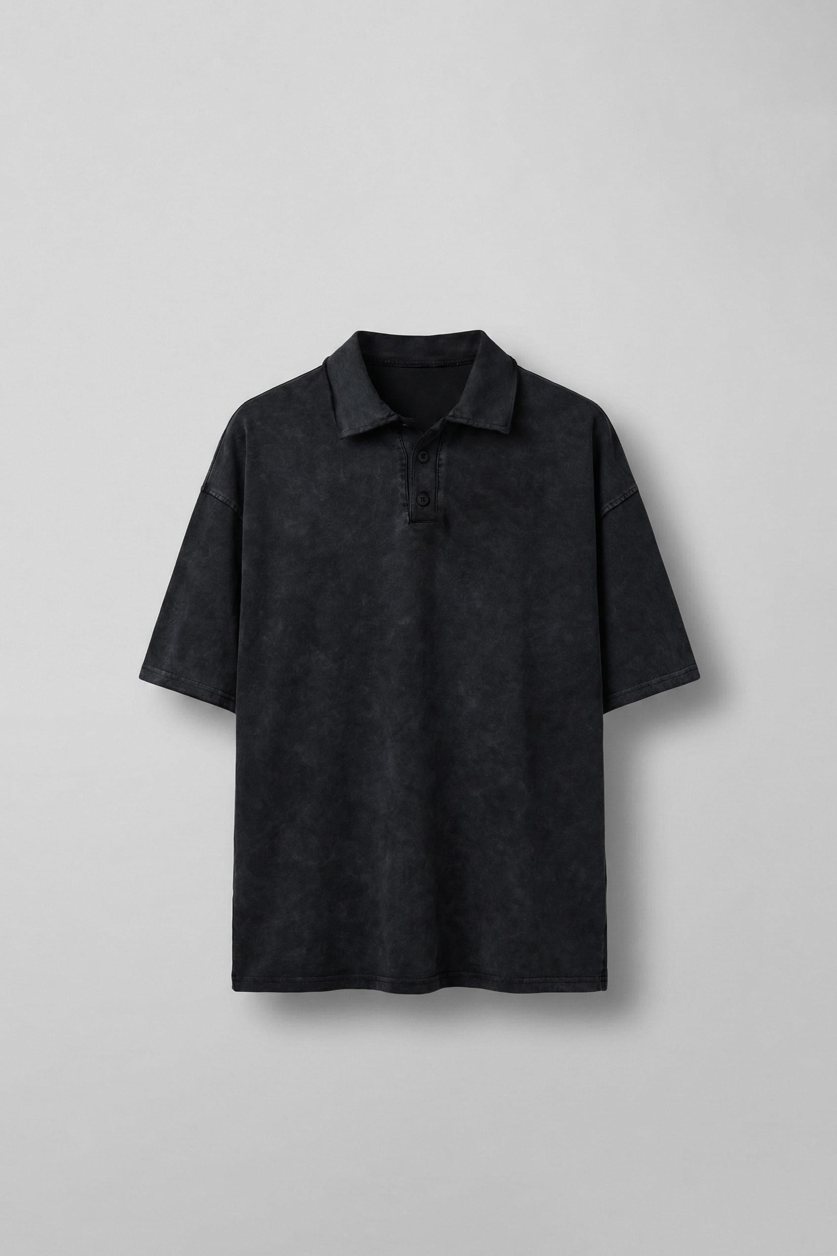 Erkek Oversize Polo Yaka Yıkamalı T-Shirt Siyah