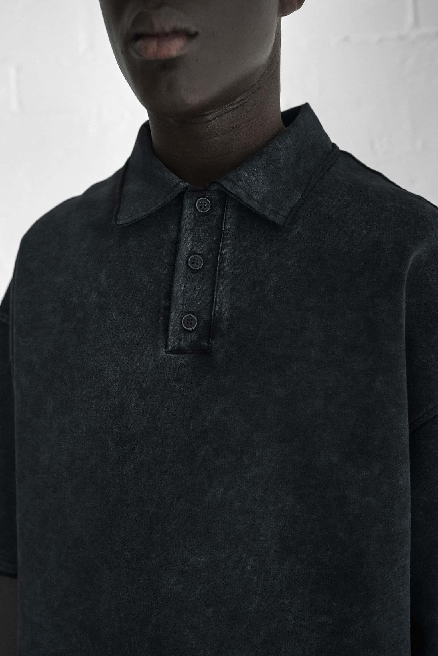 Erkek Oversize Polo Yaka Yıkamalı T-Shirt Siyah
