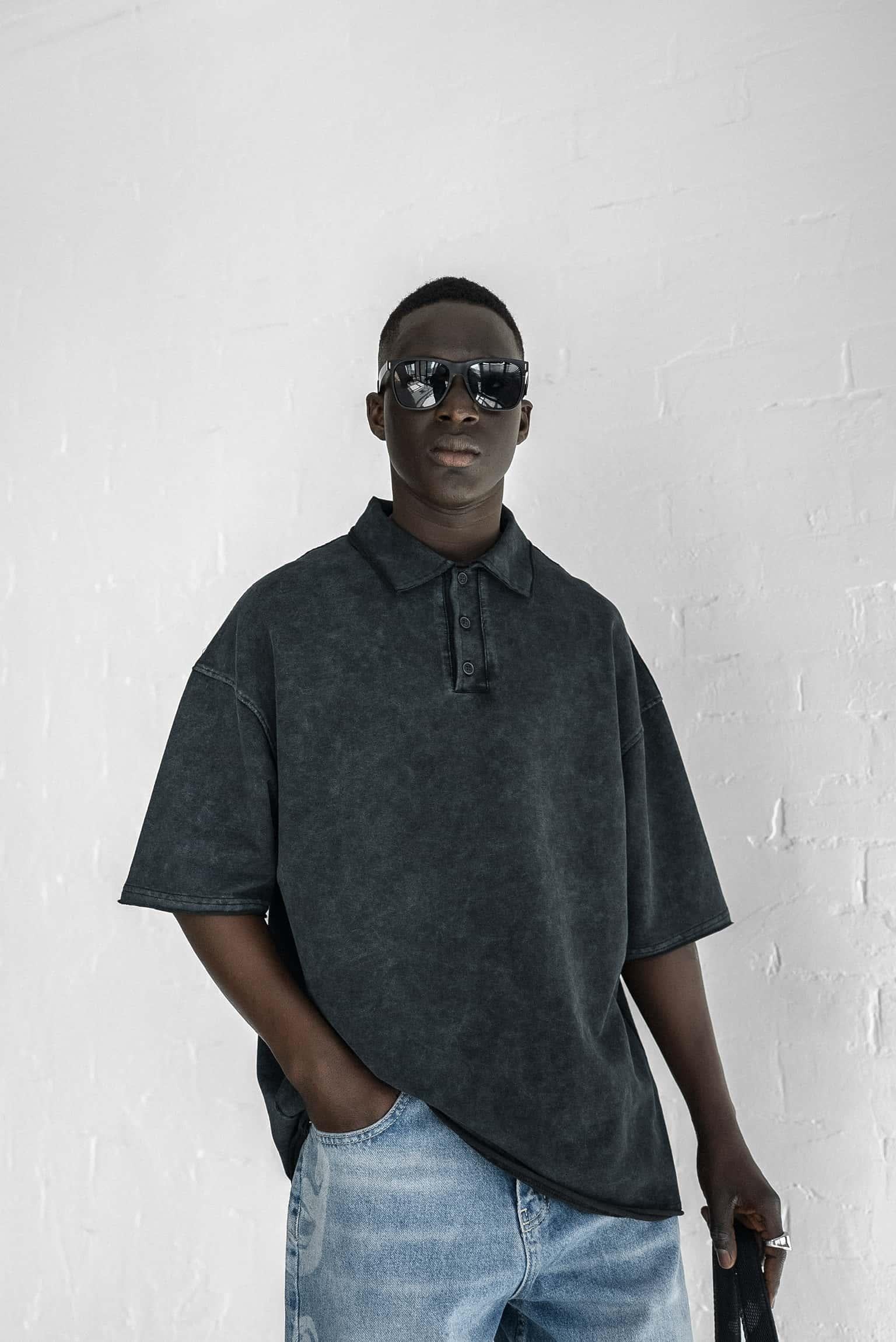 Erkek Oversize Polo Yaka Yıkamalı T-Shirt Siyah