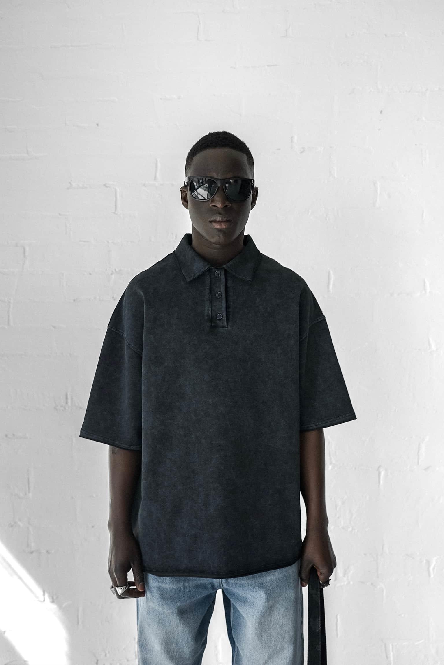 Erkek Oversize Polo Yaka Yıkamalı T-Shirt Siyah