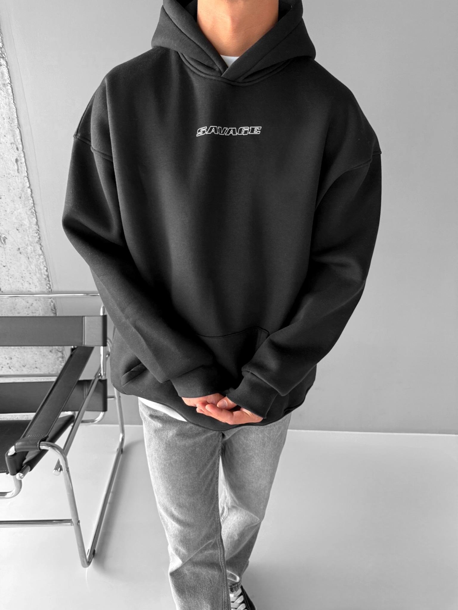 Erkek Oversize Savage Baskılı Kalın Kapüşonlu Sweatshirt Siyah