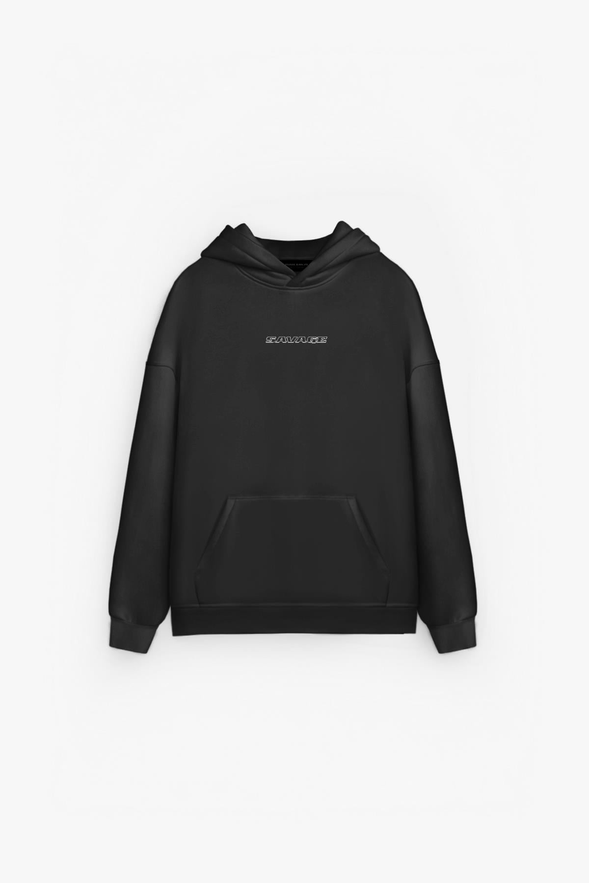 Unisex Oversize Savage Grafik Baskılı Kalın Kapüşonlu Sweatshirt Siyah