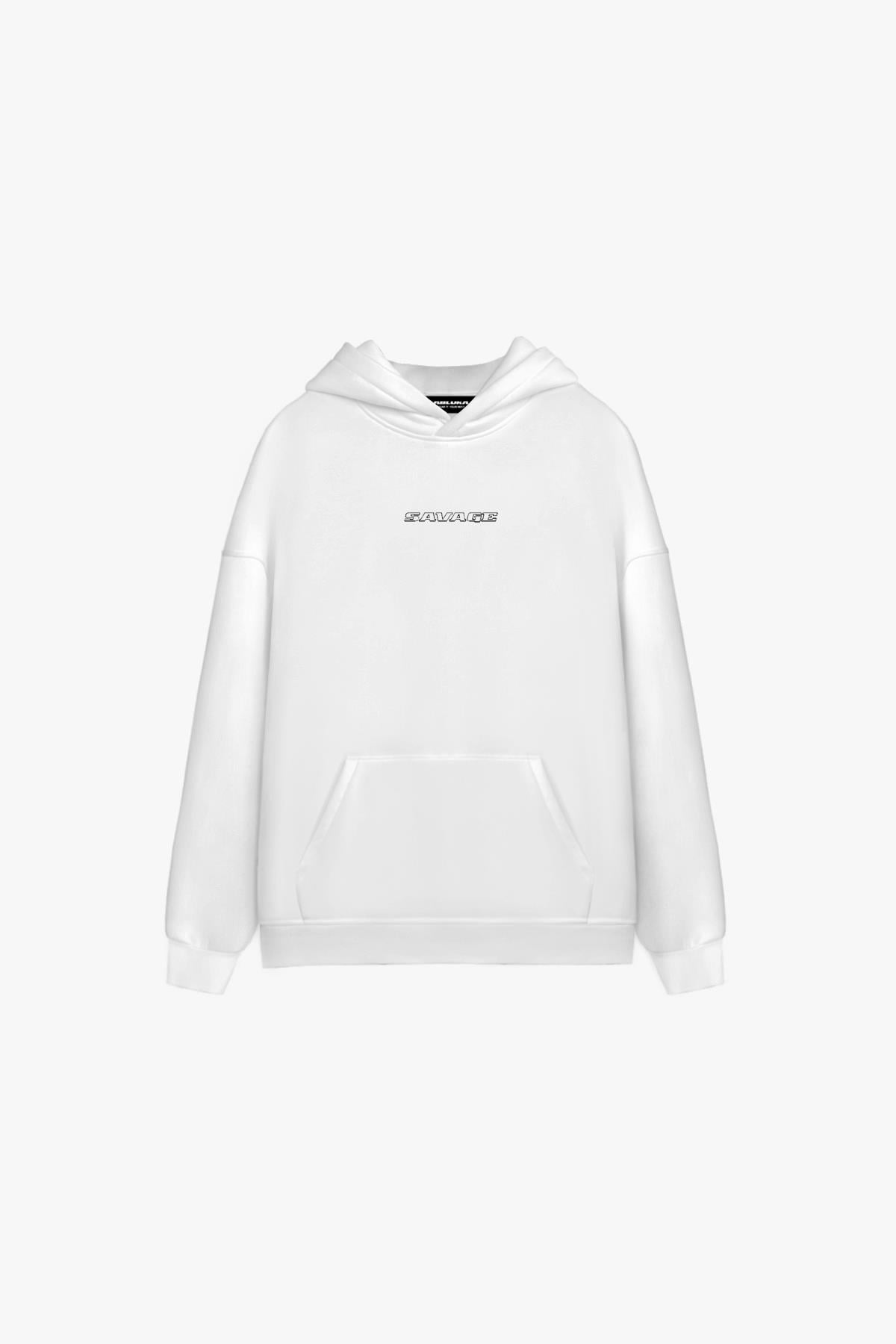 Unisex Oversize Savage Grafik Baskılı Kalın Kapüşonlu Sweatshirt Ekru