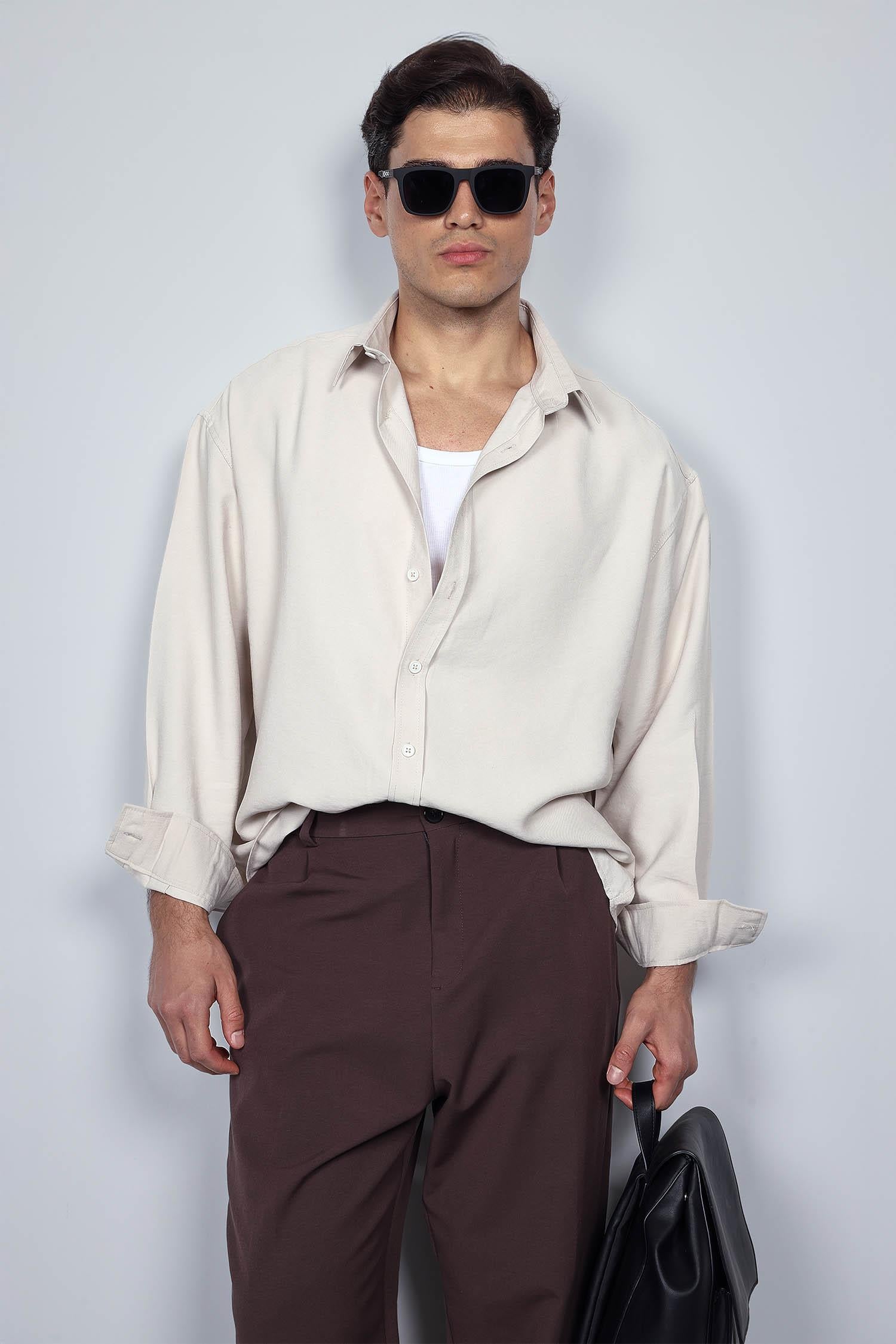 Erkek Oversize Uzun Kollu Basic Gömlek Bej