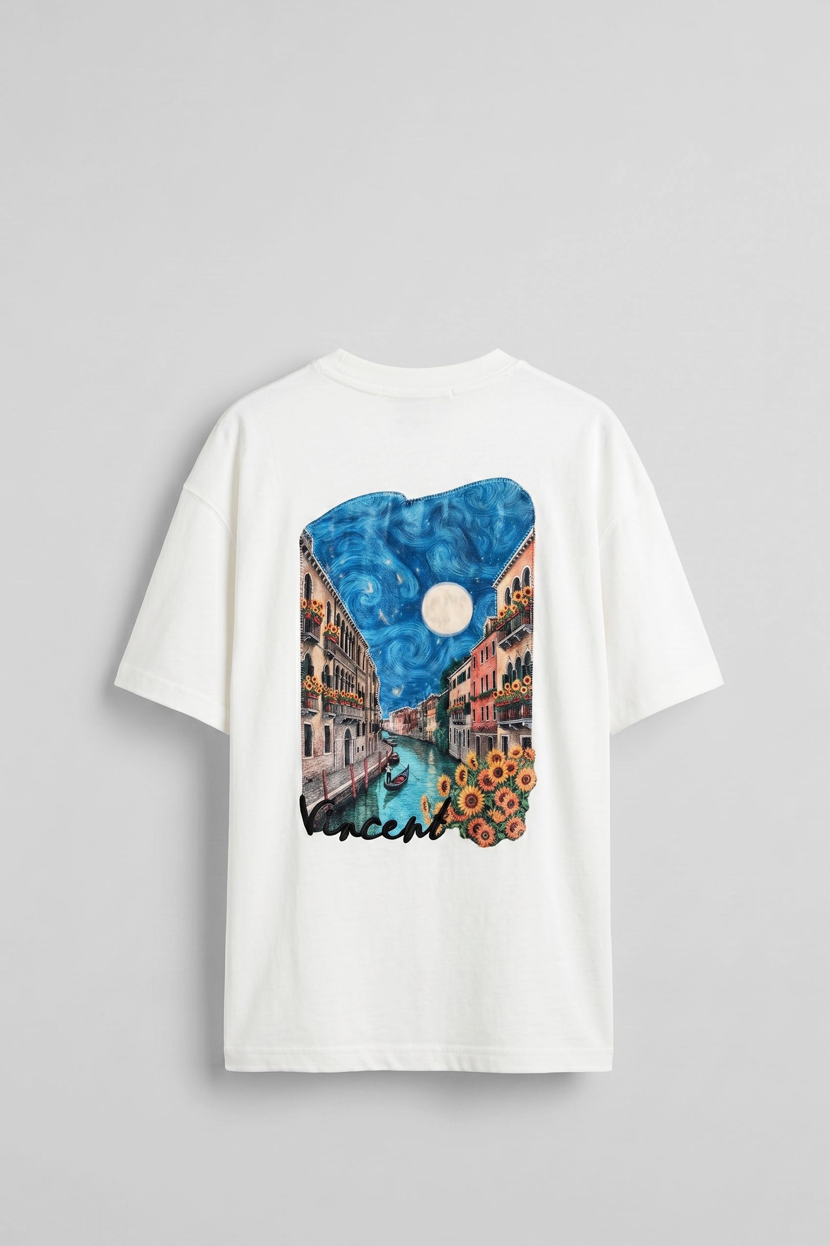 Erkek Oversize Venedik 3D Sırt Baskılı T-Shirt Beyaz