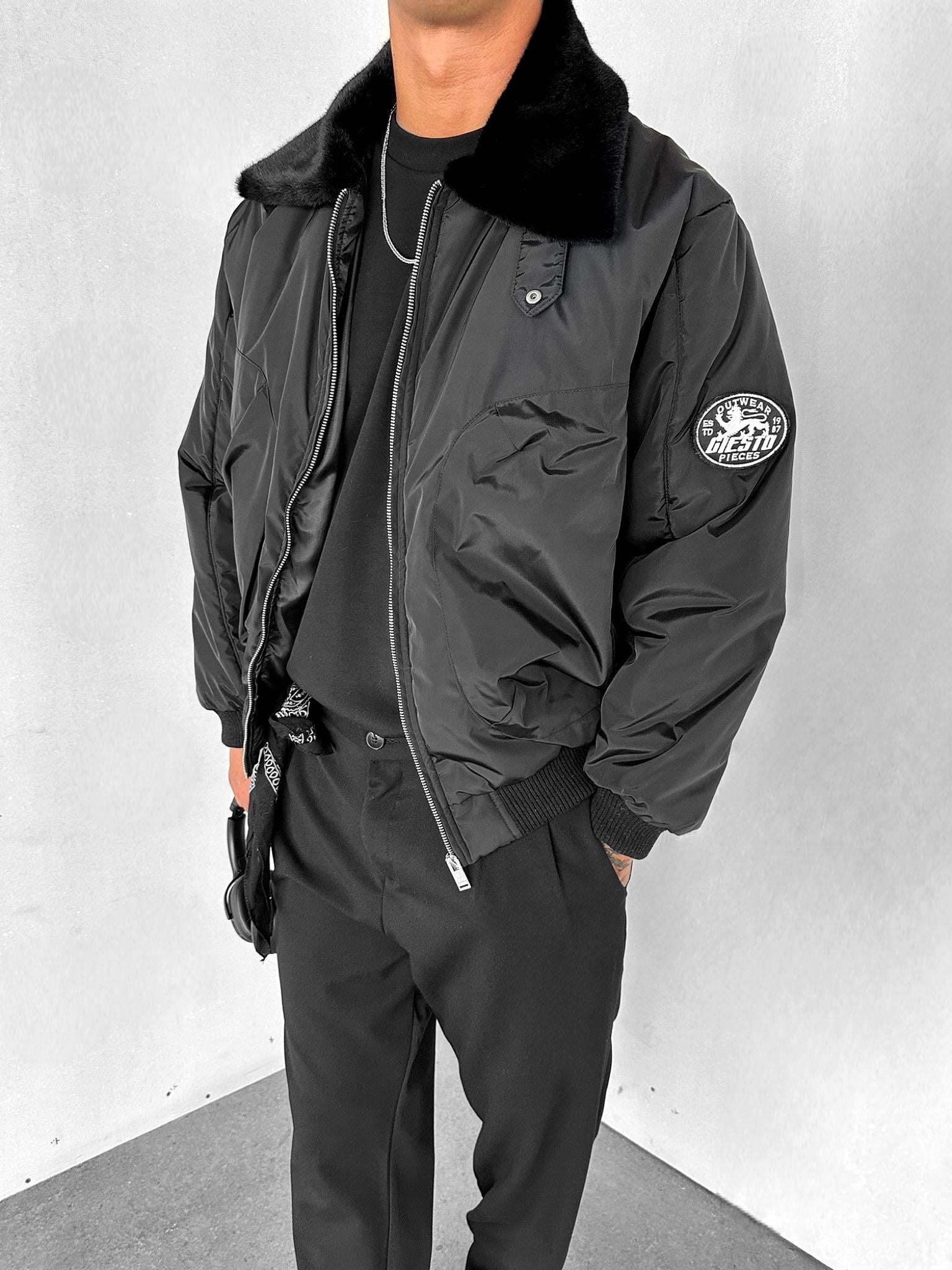 Erkek Oversize Yakalı Fermuarlı Cepli Mont Siyah