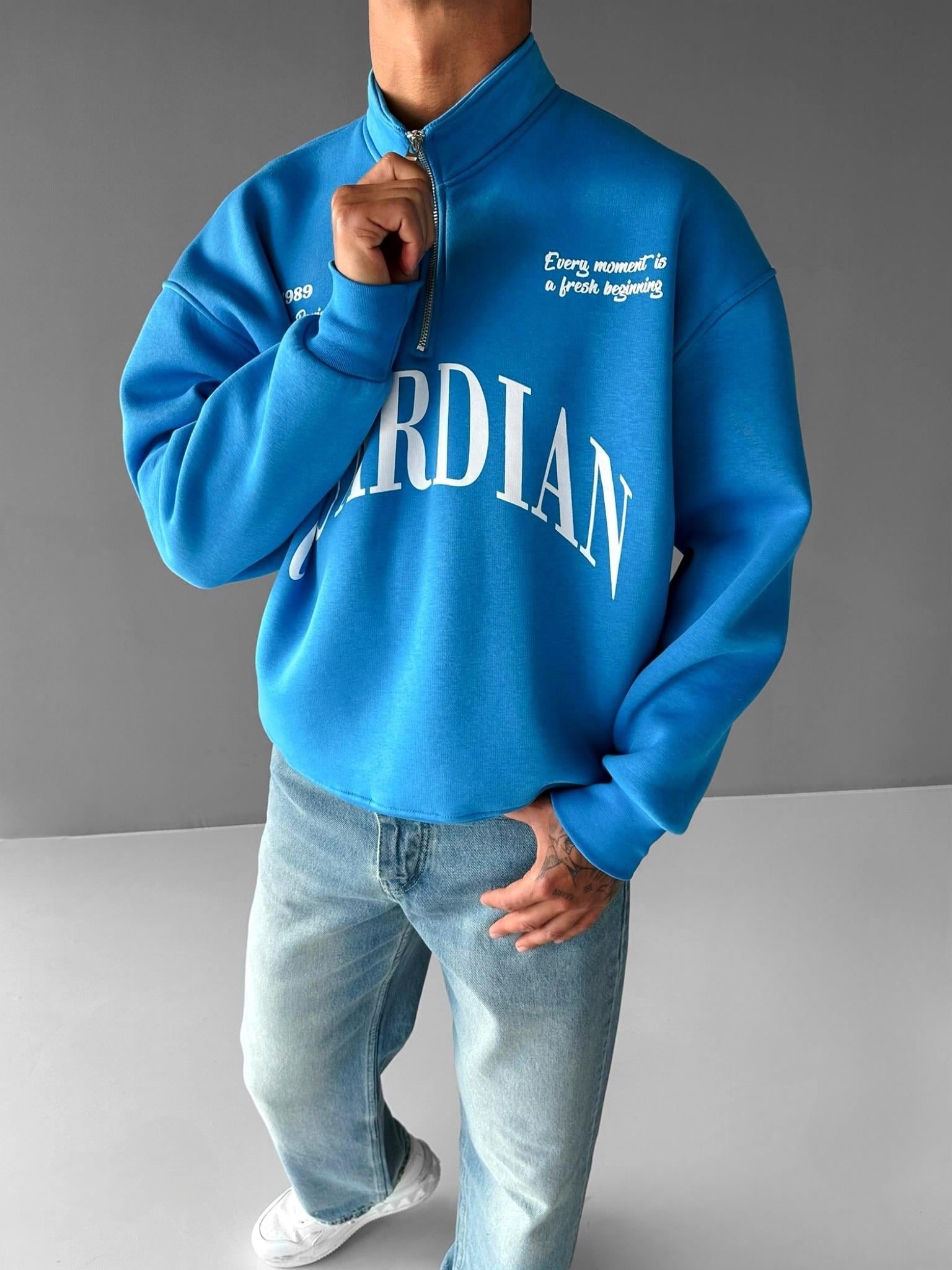 Erkek Oversize Yarım Fermuarlı Dik Yakalı Baskılı Sweatshirt Mavi