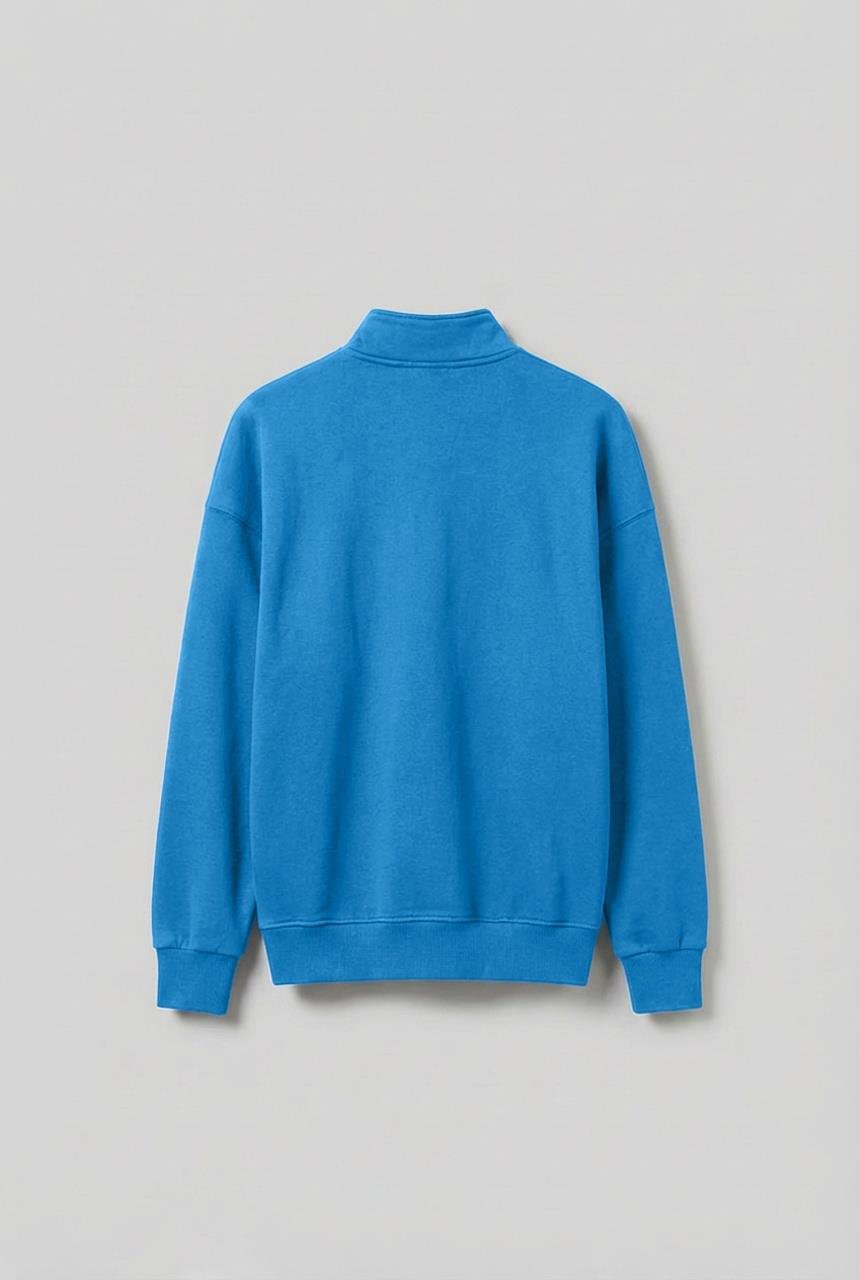 Erkek Oversize Yarım Fermuarlı Dik Yakalı Baskılı Sweatshirt Mavi