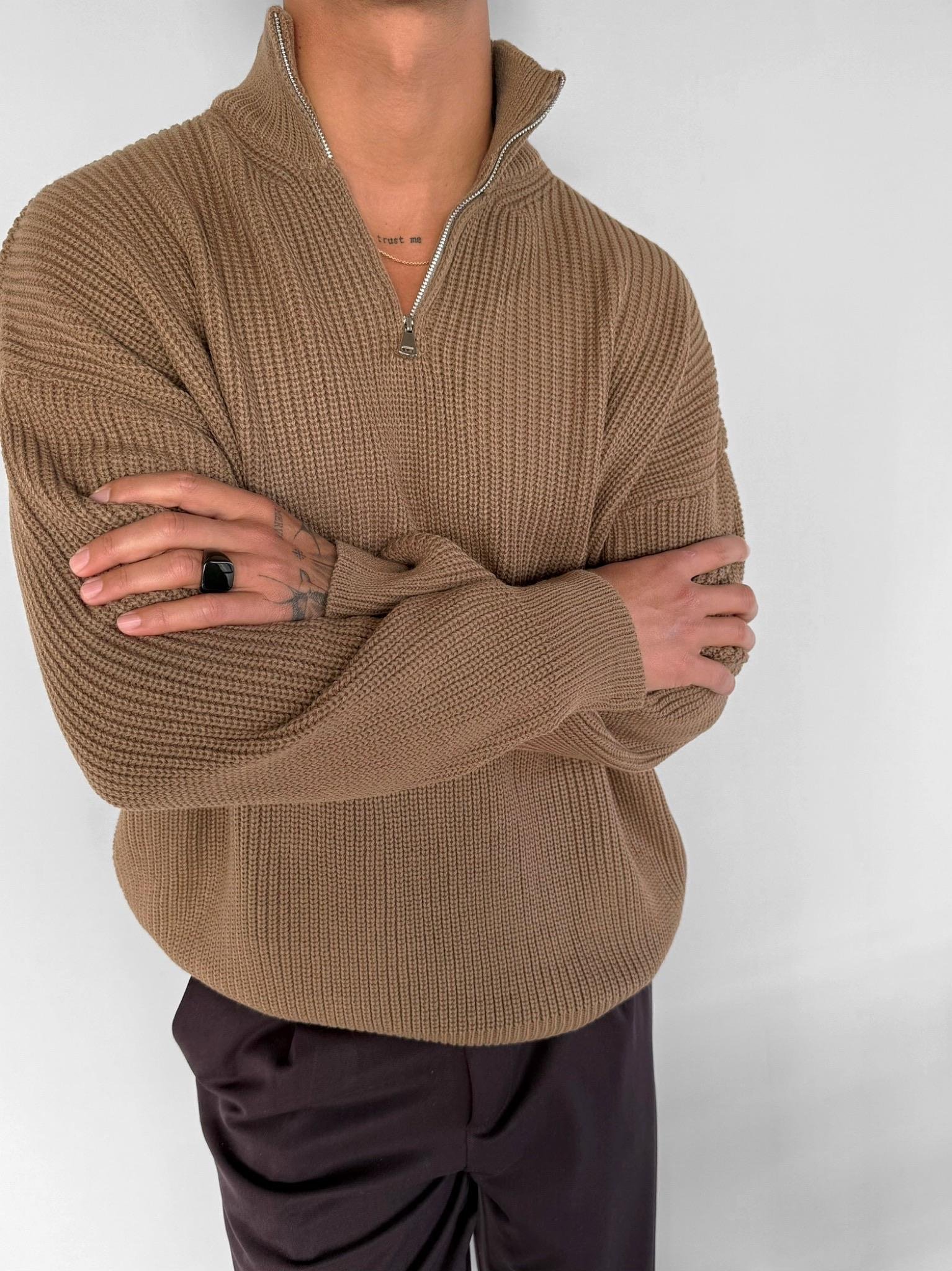 Erkek Oversize Yarım Fermuarlı Kazak Açık Kahve