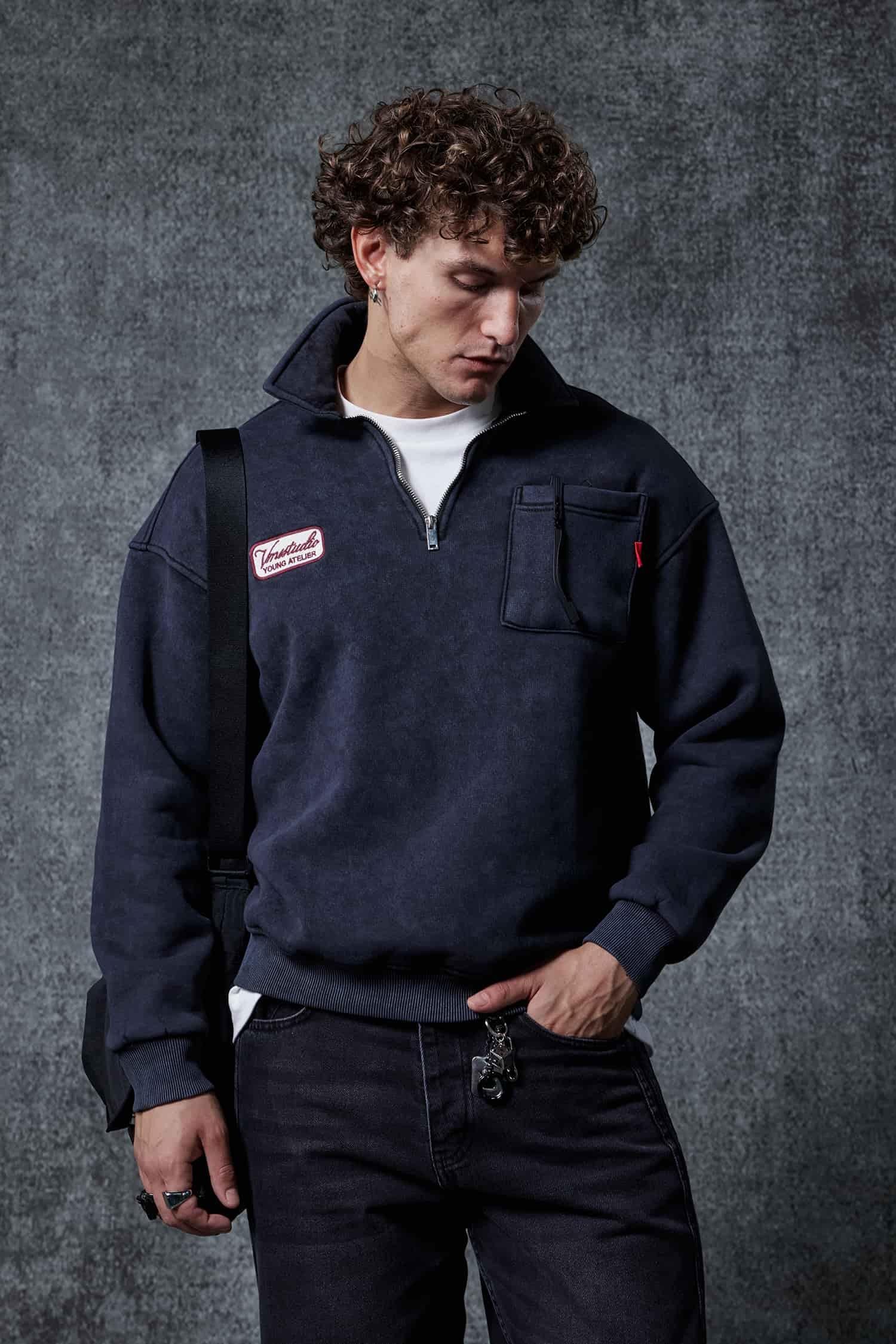 Erkek Oversize Yarım Fermuarlı Sweatshirt Siyah