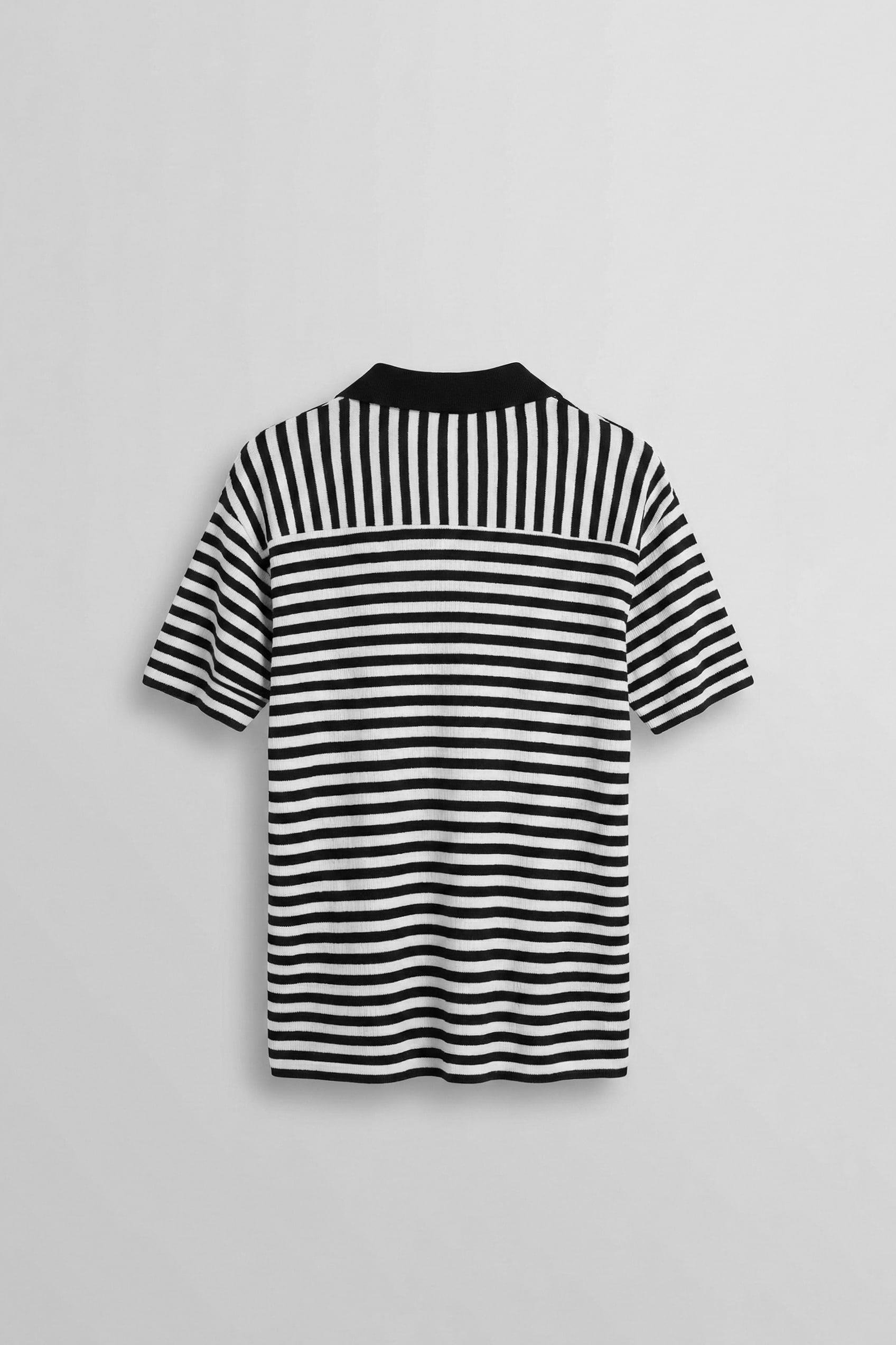 Erkek Oversize Yarım Pat Polo Yaka Çizgili T-Shirt Beyaz - Siyah