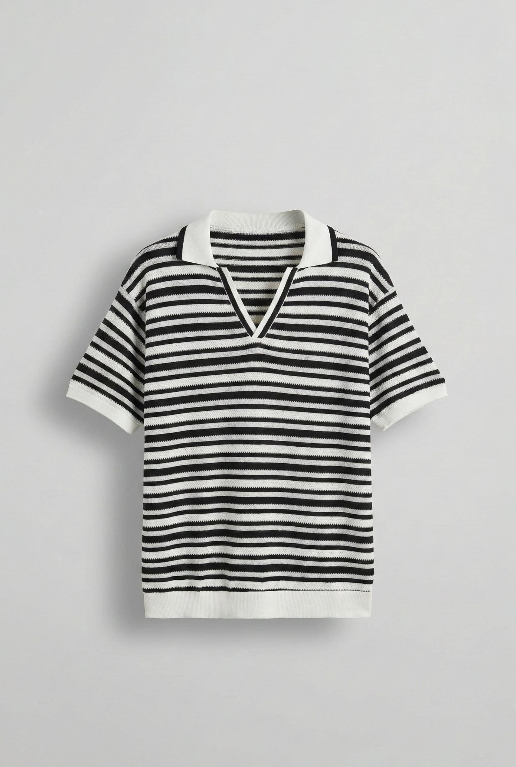 Erkek Oversize Yarım Pat Yaka Fileli Esnek T-Shirt Siyah Beyaz