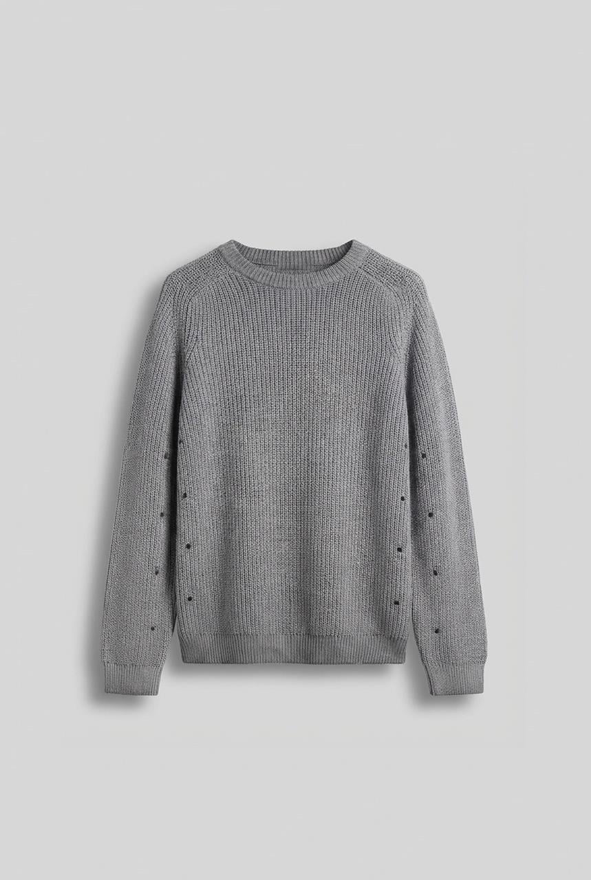 Erkek Oversize Yıkamalı Distressed Triko Kazak Gri