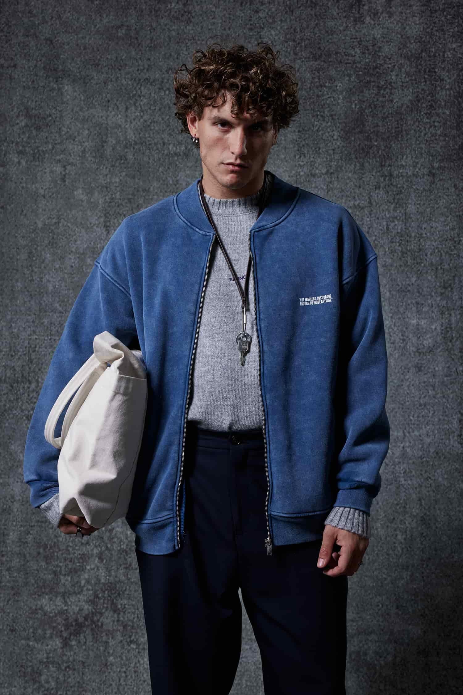 Erkek Oversize Yıkamalı Fermuarlı Sweatshirt Lacivert