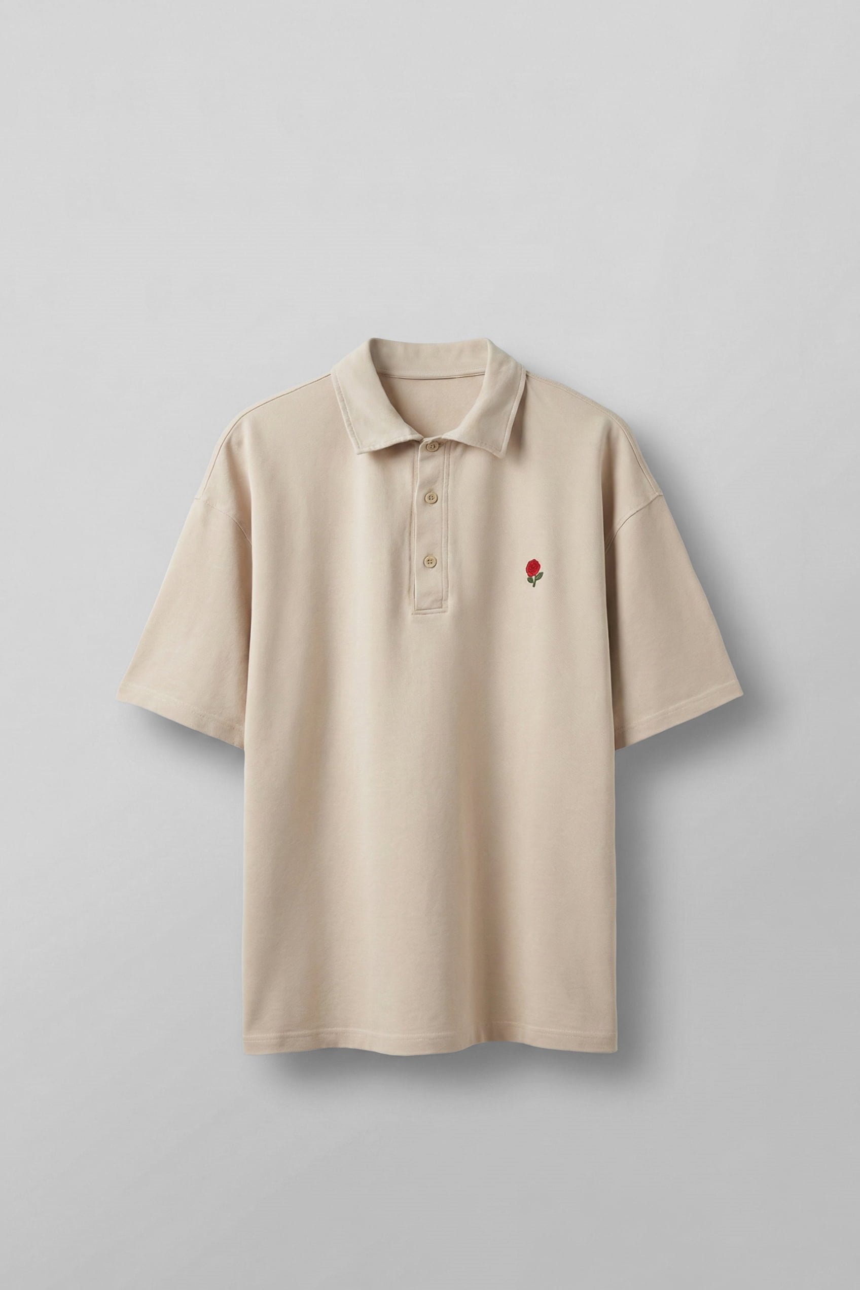 Erkek Oversize Yıkamalı Gül Nakışlı Polo Yaka T-Shirt Bej