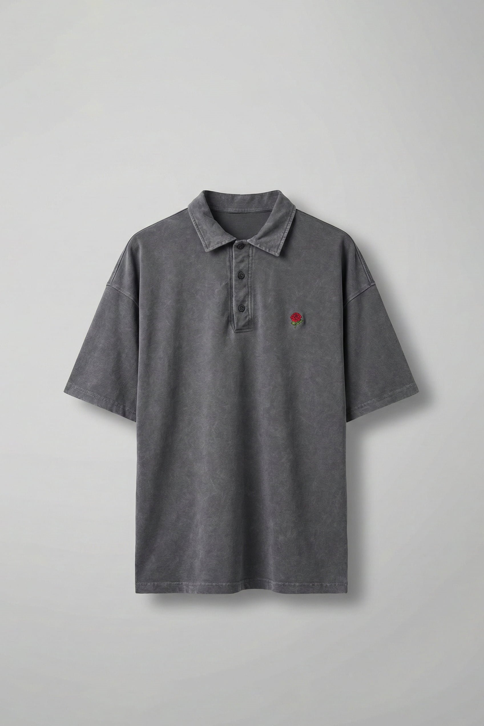 Erkek Oversize Yıkamalı Gül Nakışlı Polo Yaka T-Shirt Füme