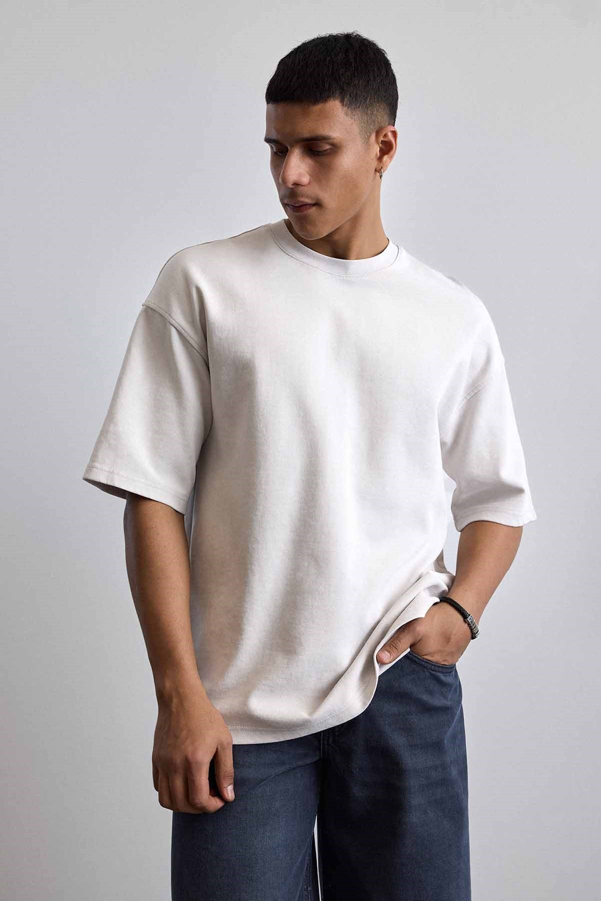 Erkek Oversize Yıkamalı Pamuklu Basic T-Shirt Gri