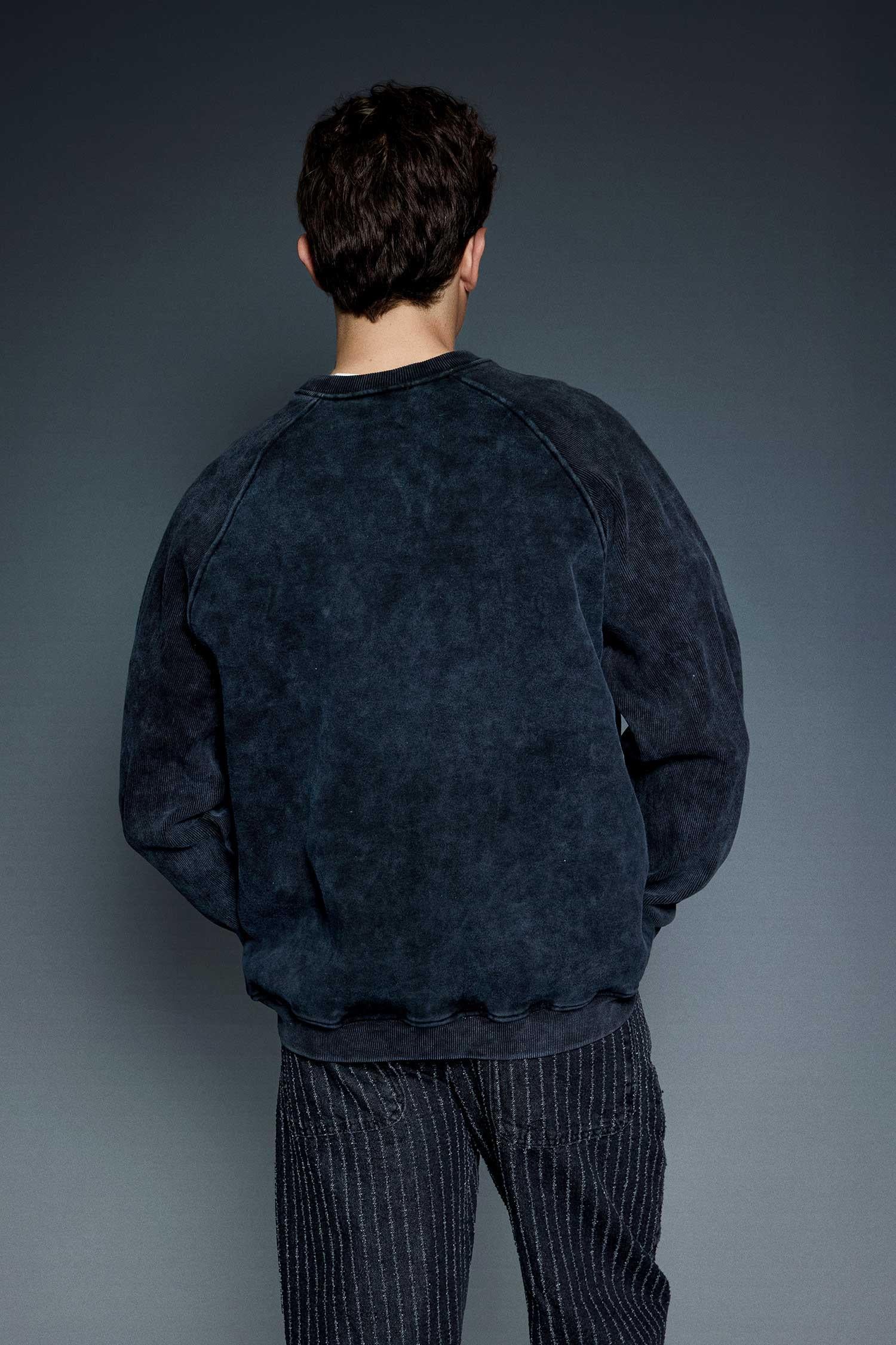 Erkek Oversize Yıkamalı Vintage Nakış Detaylı Sweatshirt Siyah