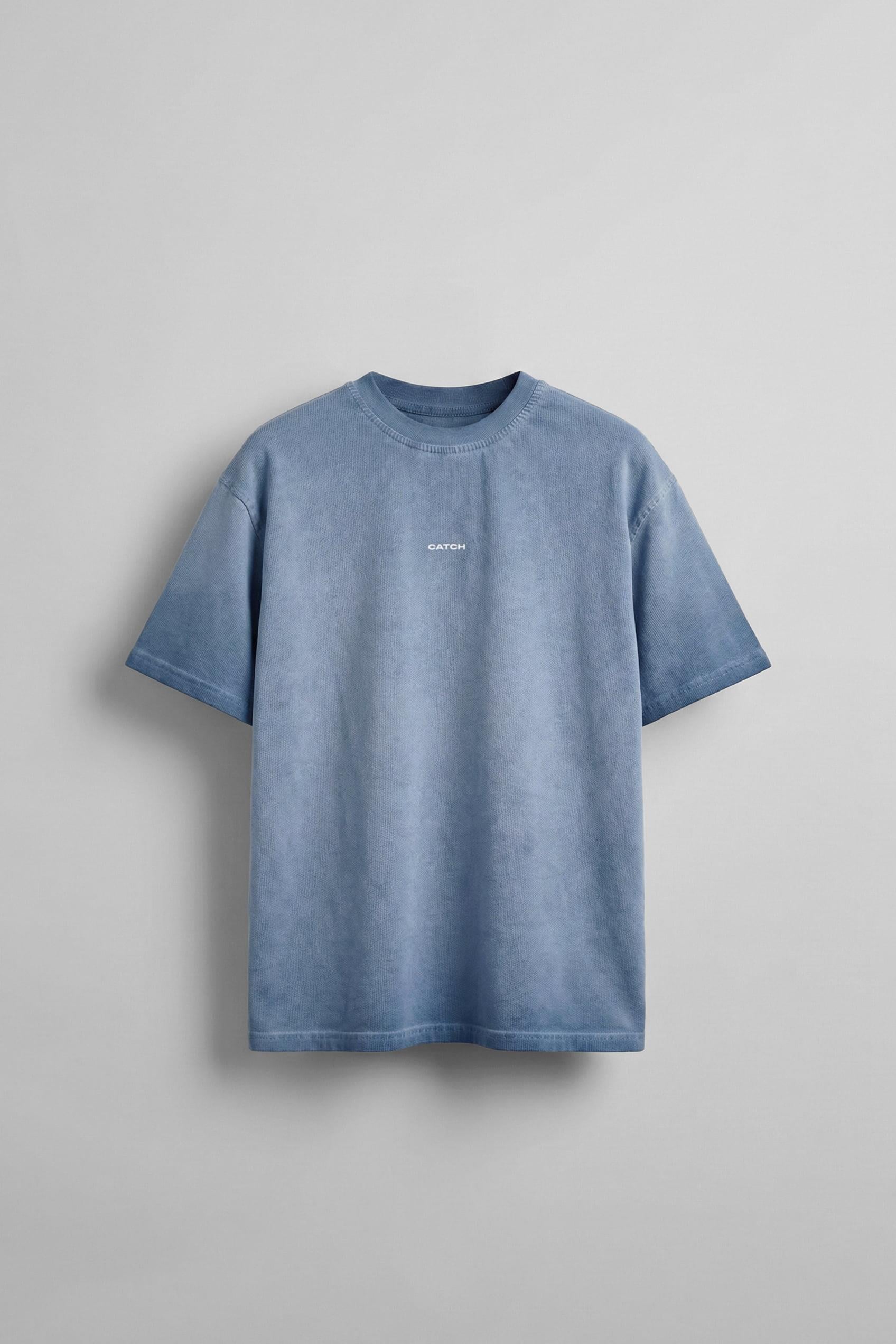 Erkek Oversize Yuvarlak Yaka Yıkamalı Catch T-Shirt Mavi