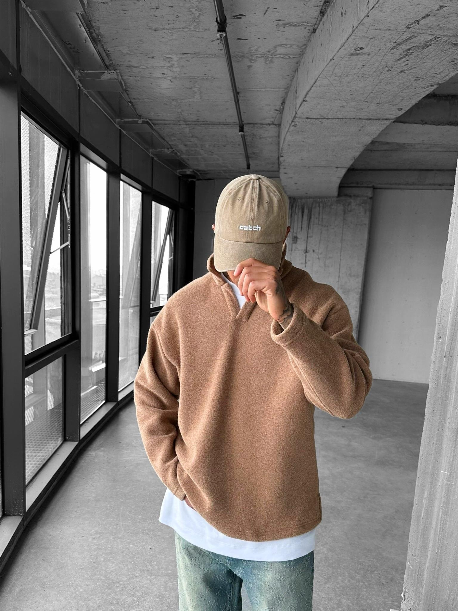Erkek Polo Yaka Polar Sweatshirt Açık Kahve
