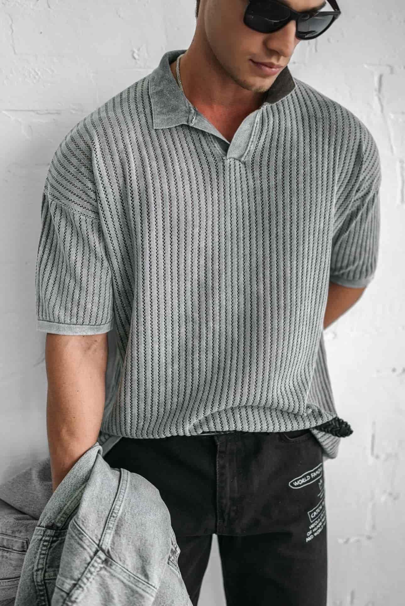 Erkek Polo Yaka Regular Fit Triko T-shirt Gri