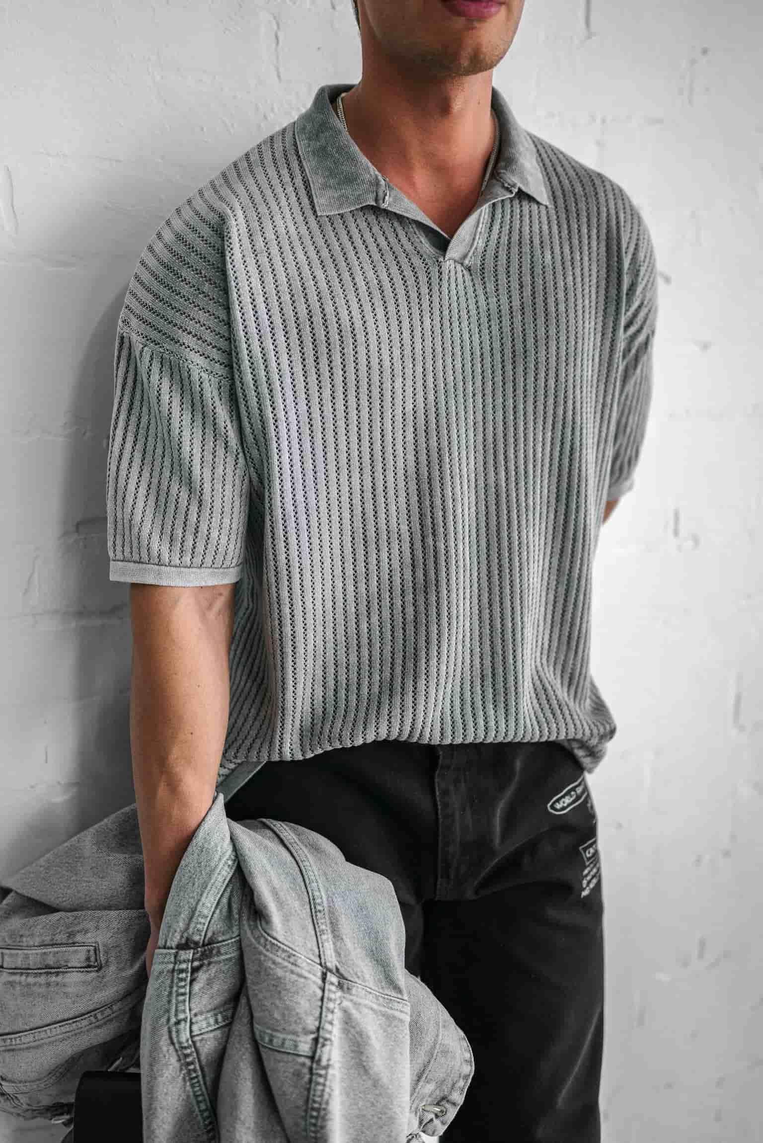 Erkek Polo Yaka Regular Fit Triko T-shirt Gri