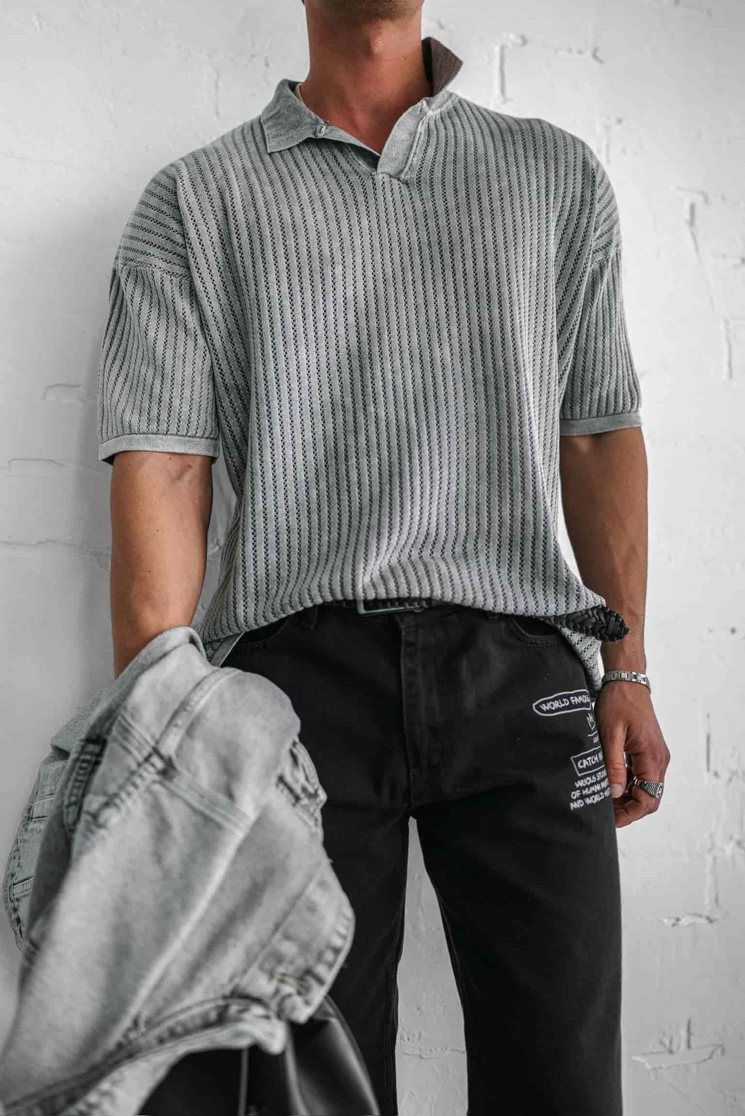 Erkek Polo Yaka Regular Fit Triko T-shirt Gri