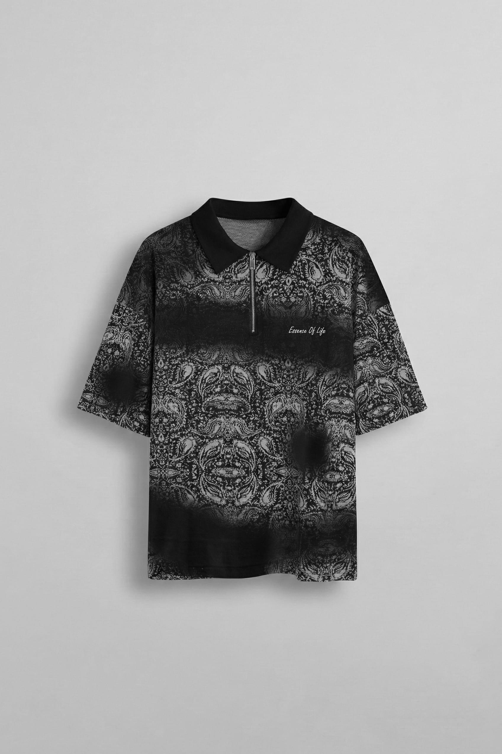 Erkek Polo Yaka Yarım Fermuarlı Baskılı T-Shirt Siyah