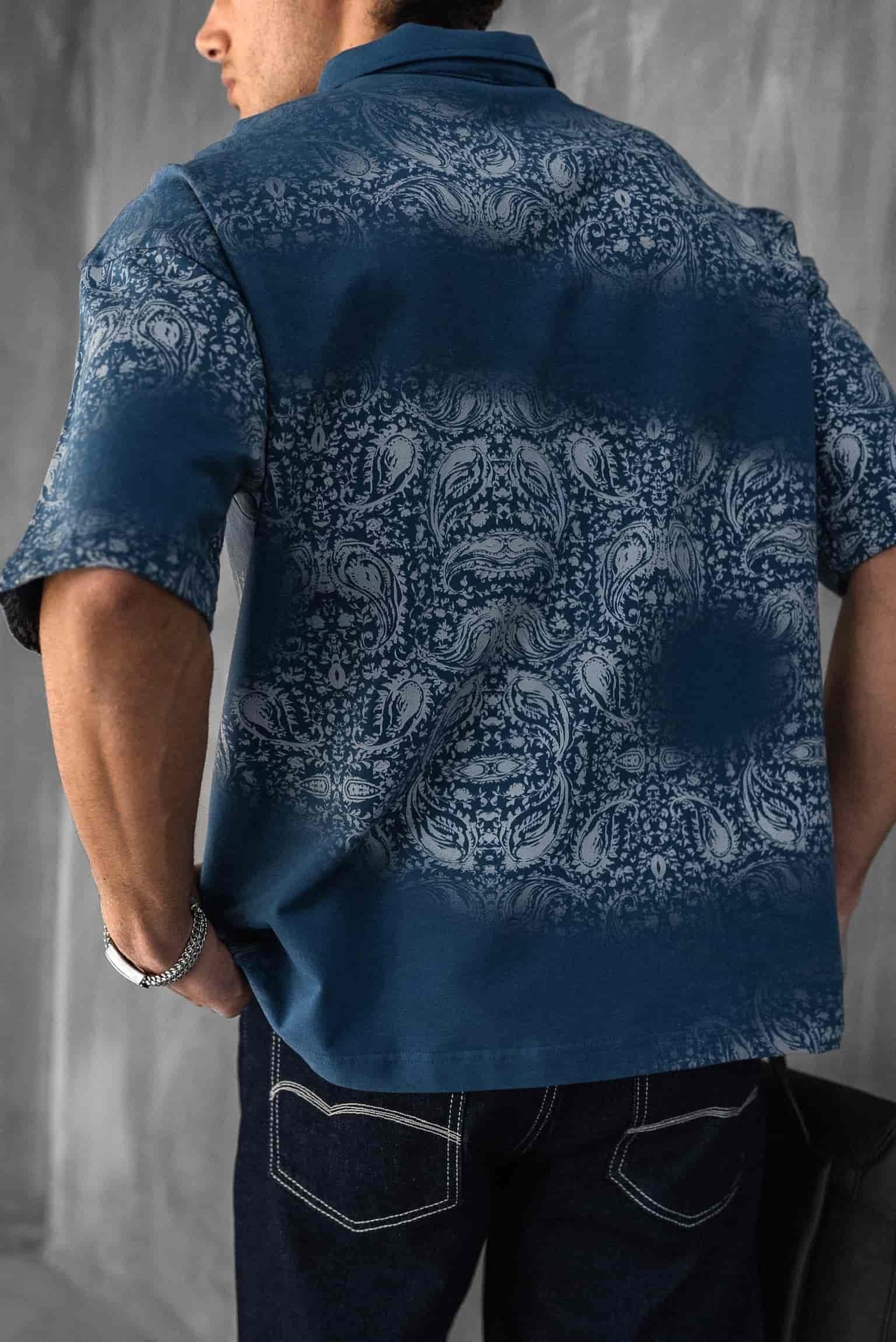 Erkek Polo Yaka Yarım Fermuarlı Baskılı T-Shirt Mavi