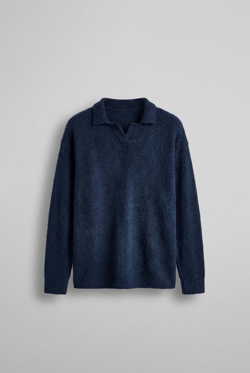 Erkek Polo Yaka Yumuşak Dokulu Oversize Kazak Lacivert