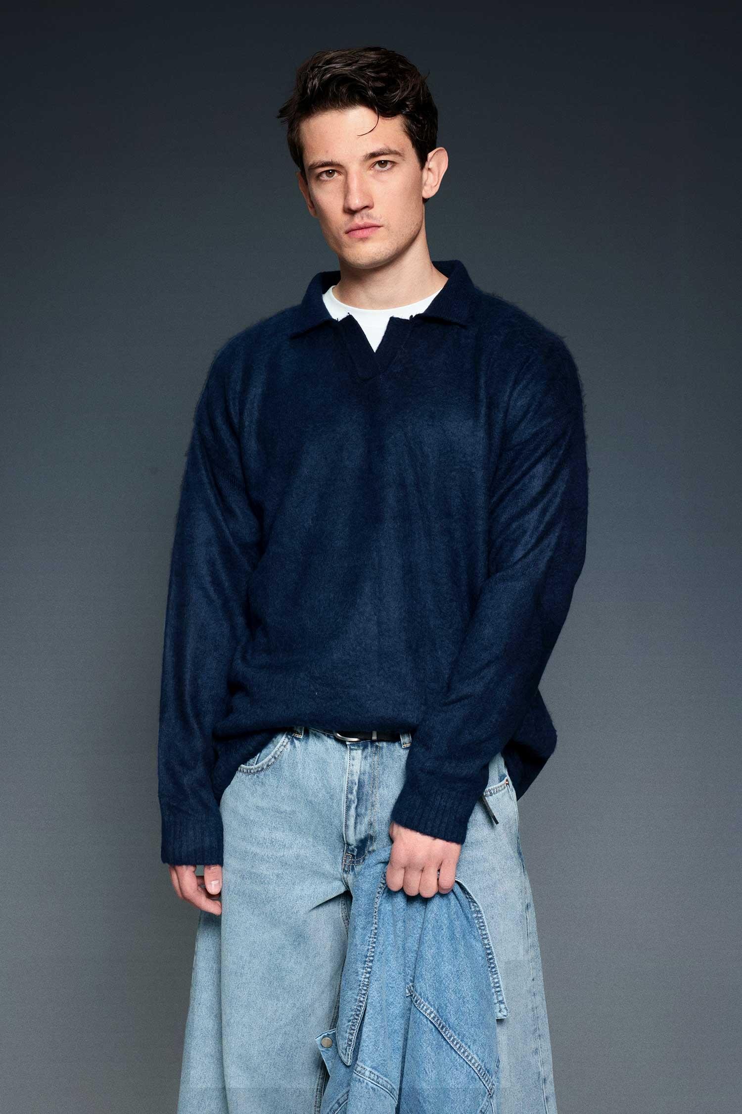 Erkek Polo Yaka Yumuşak Dokulu Oversize Kazak Lacivert