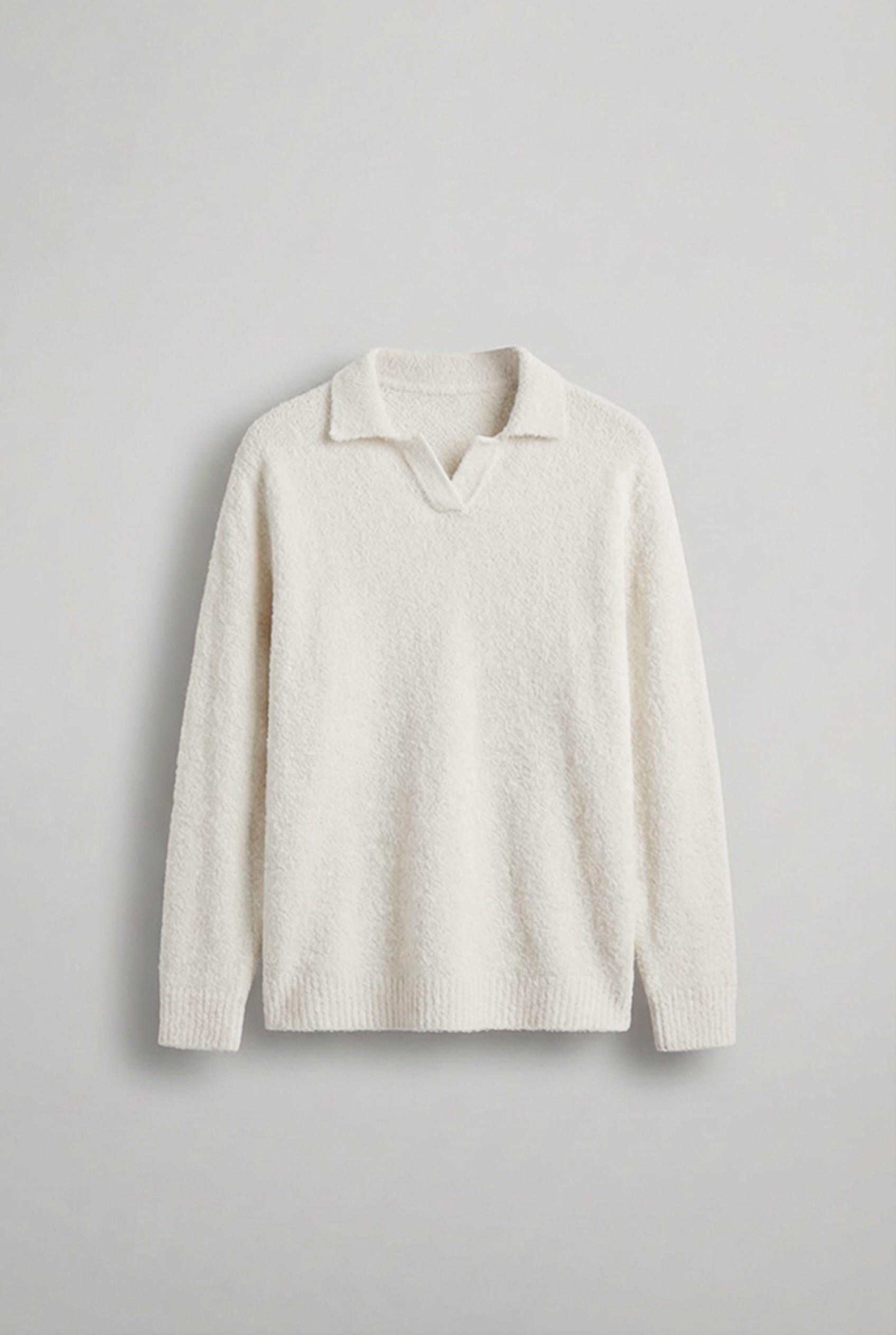 Erkek Polo Yaka Yumuşak Dokulu Oversize Kazak Ekru