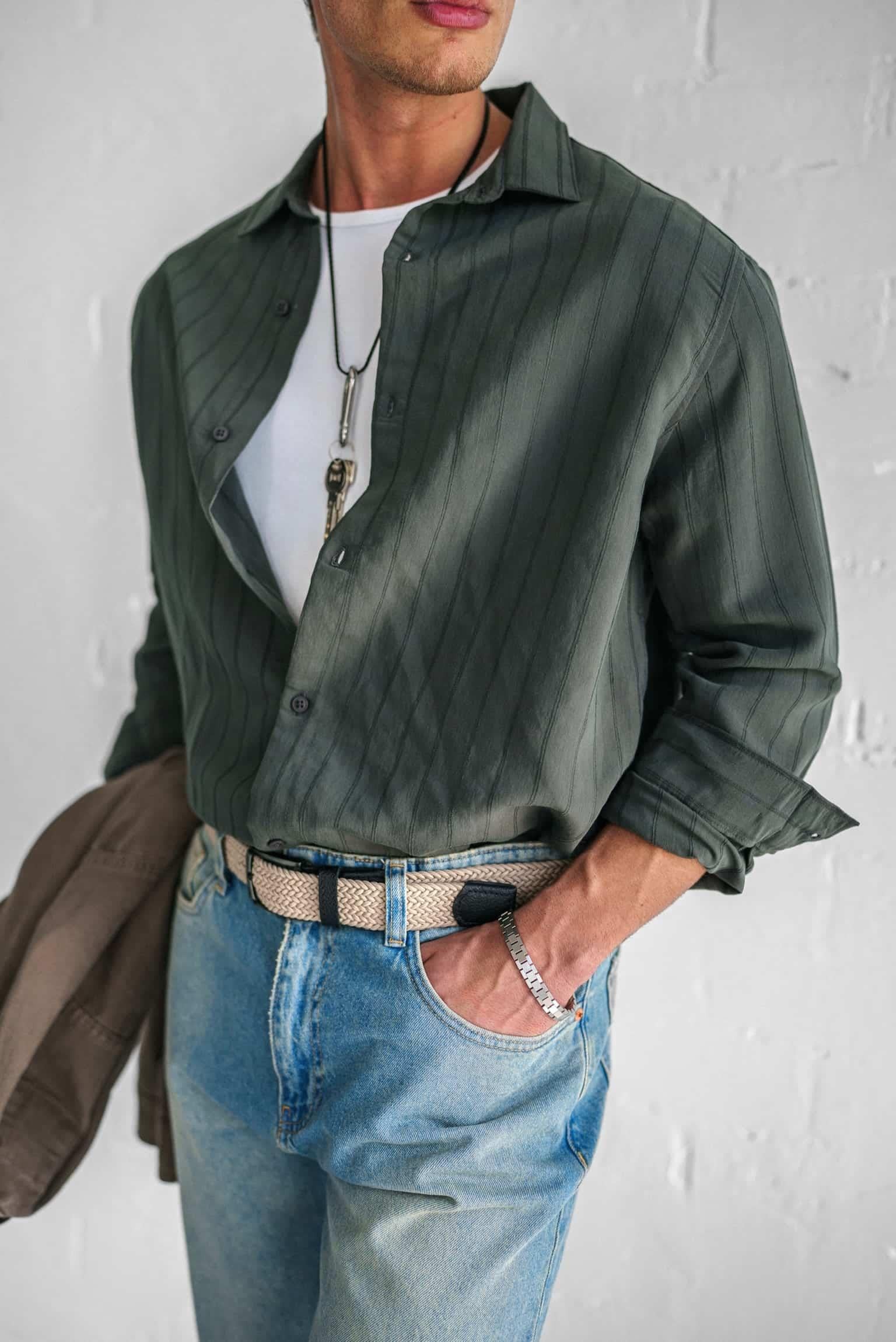 Erkek Premium Çizgili Pamuklu Oversize Gömlek Haki Yeşil