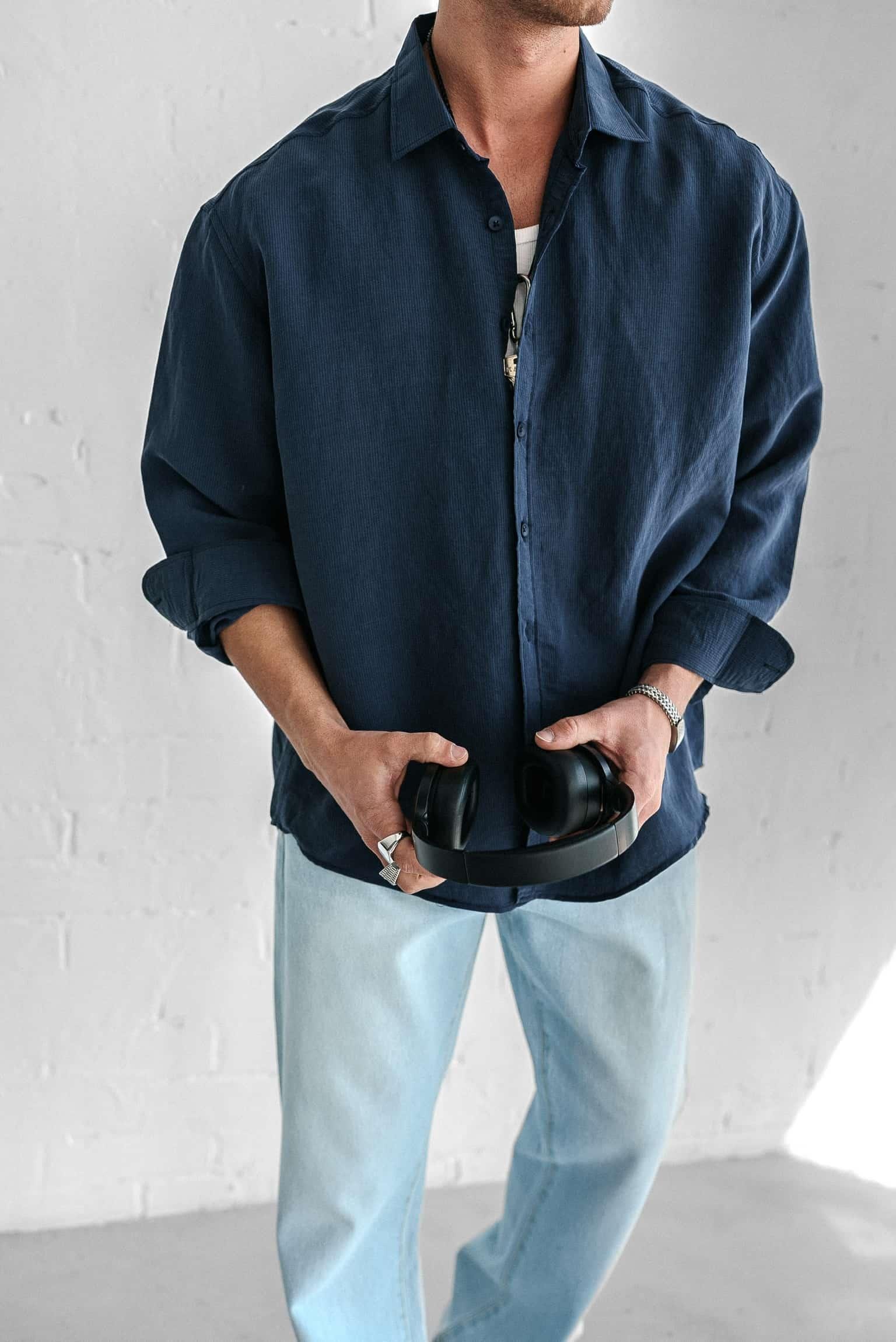 Erkek Premium Çizgili Uzun Kollu Oversize Gömlek Lacivert