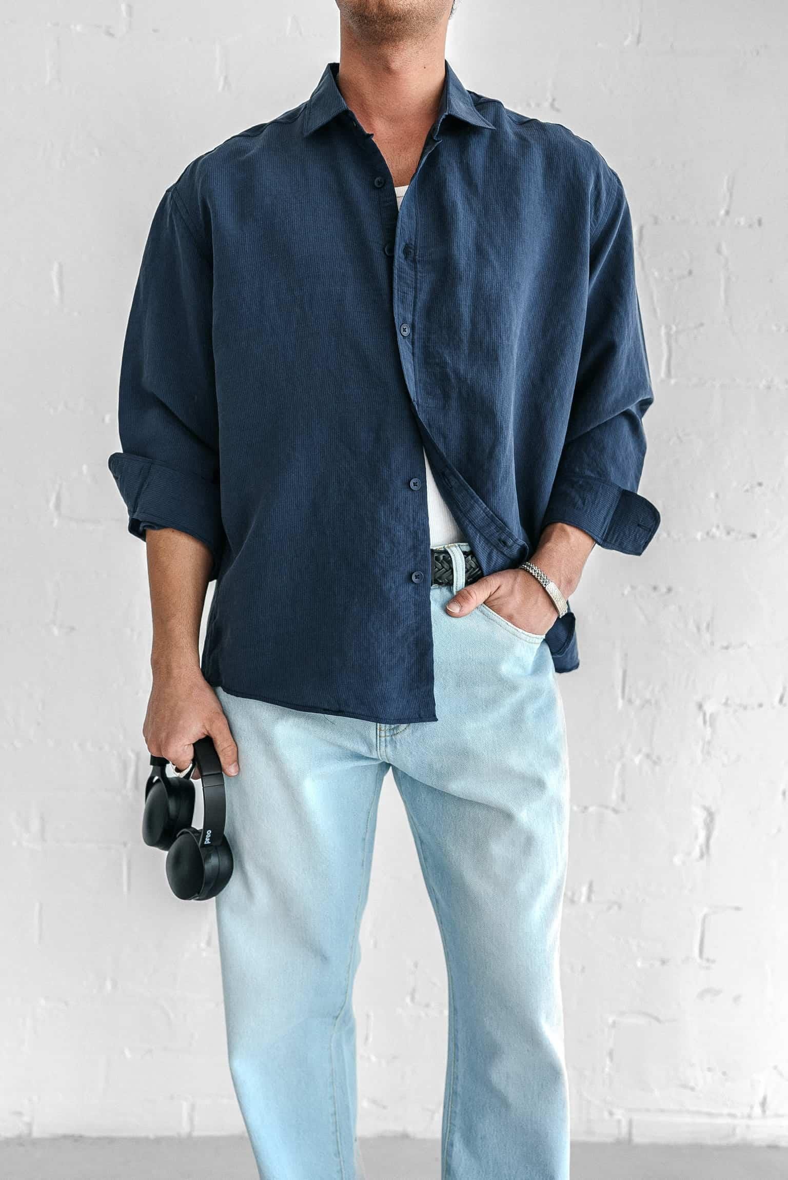 Erkek Premium Çizgili Uzun Kollu Oversize Gömlek Lacivert