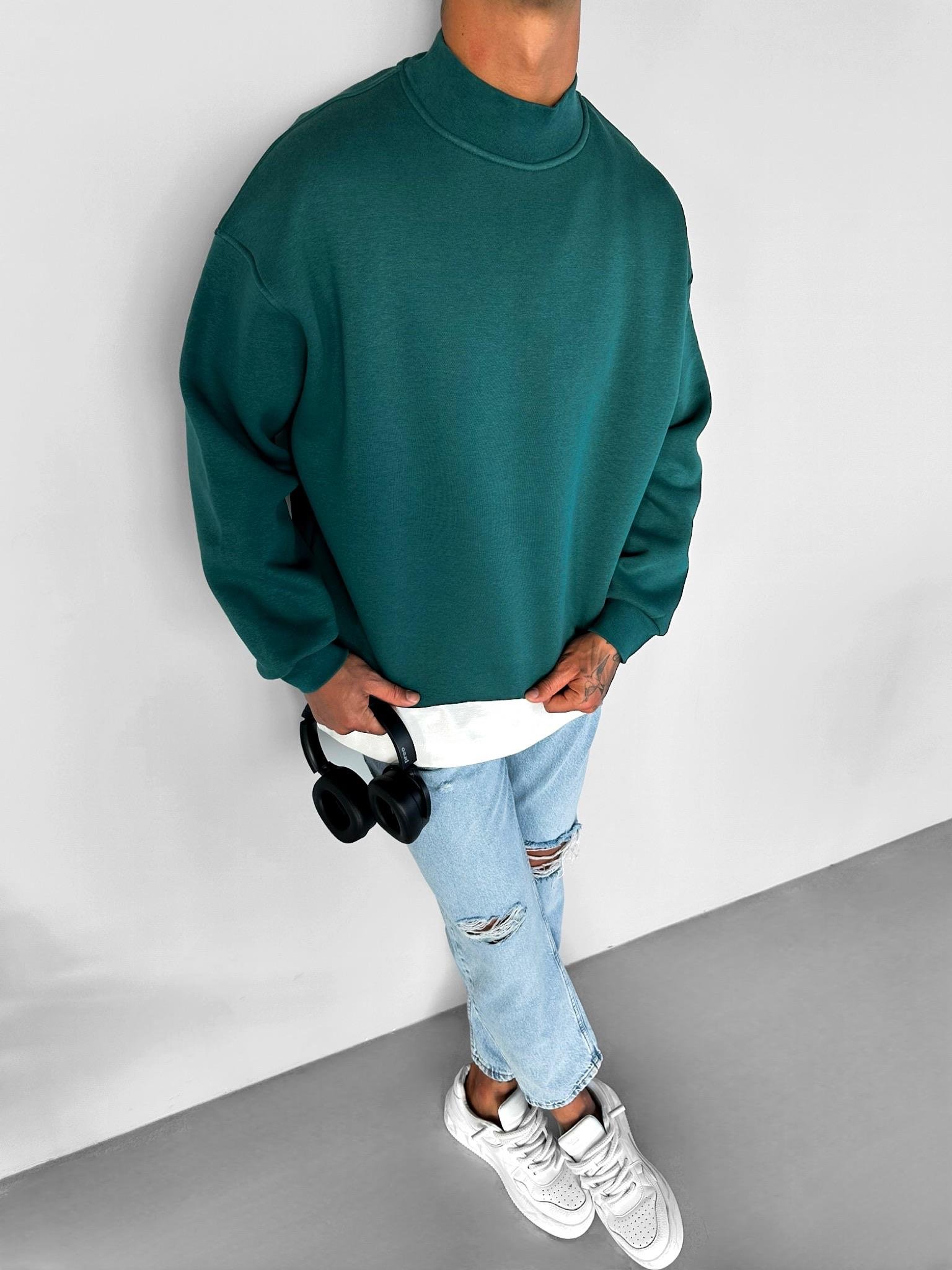 Erkek Rahat Kalıp Basic Uzun Kollu Sweatshirt Yeşil