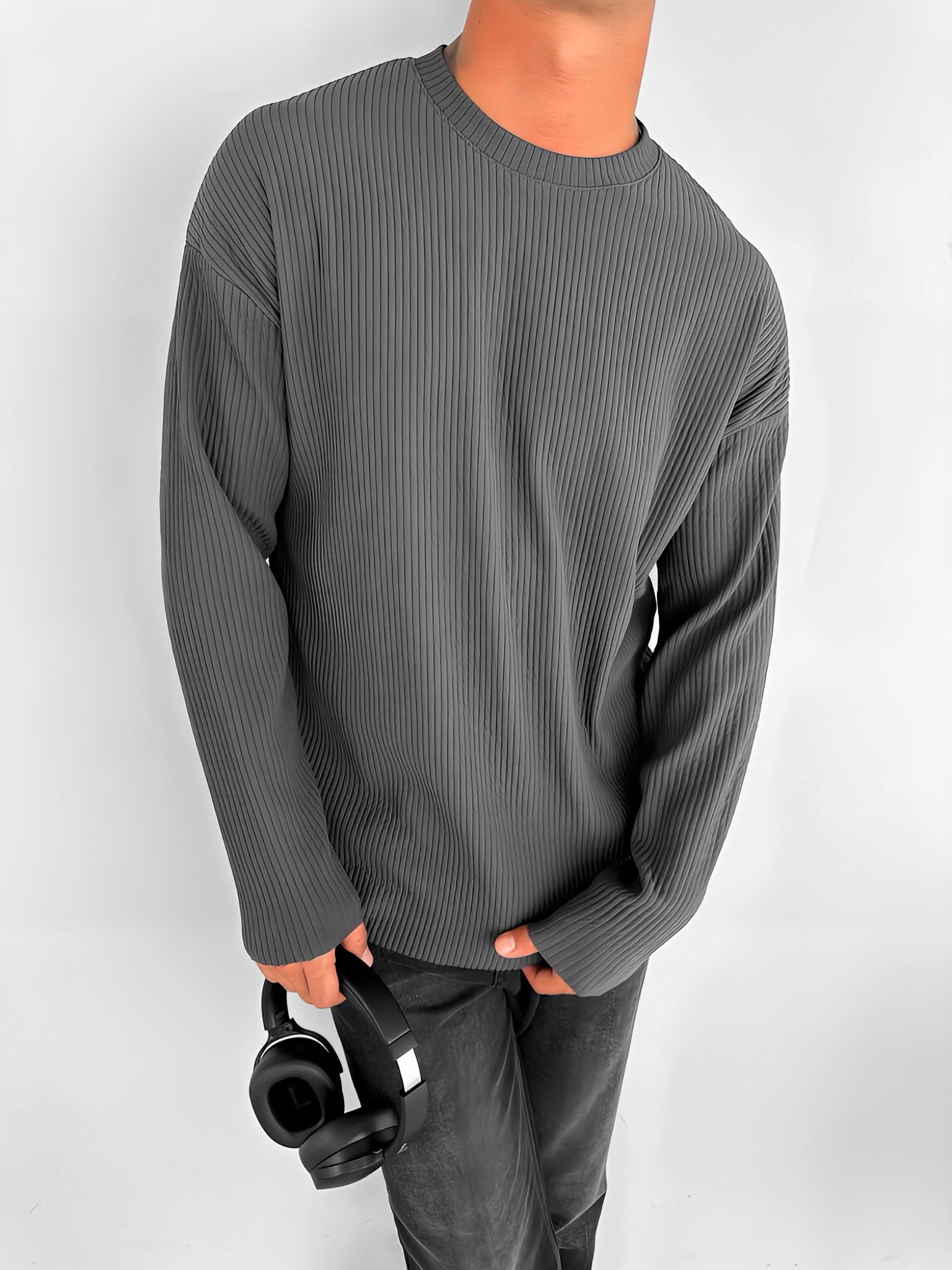 Erkek Rahat Kalıp Fitilli Uzun Kollu Sweatshirt Füme