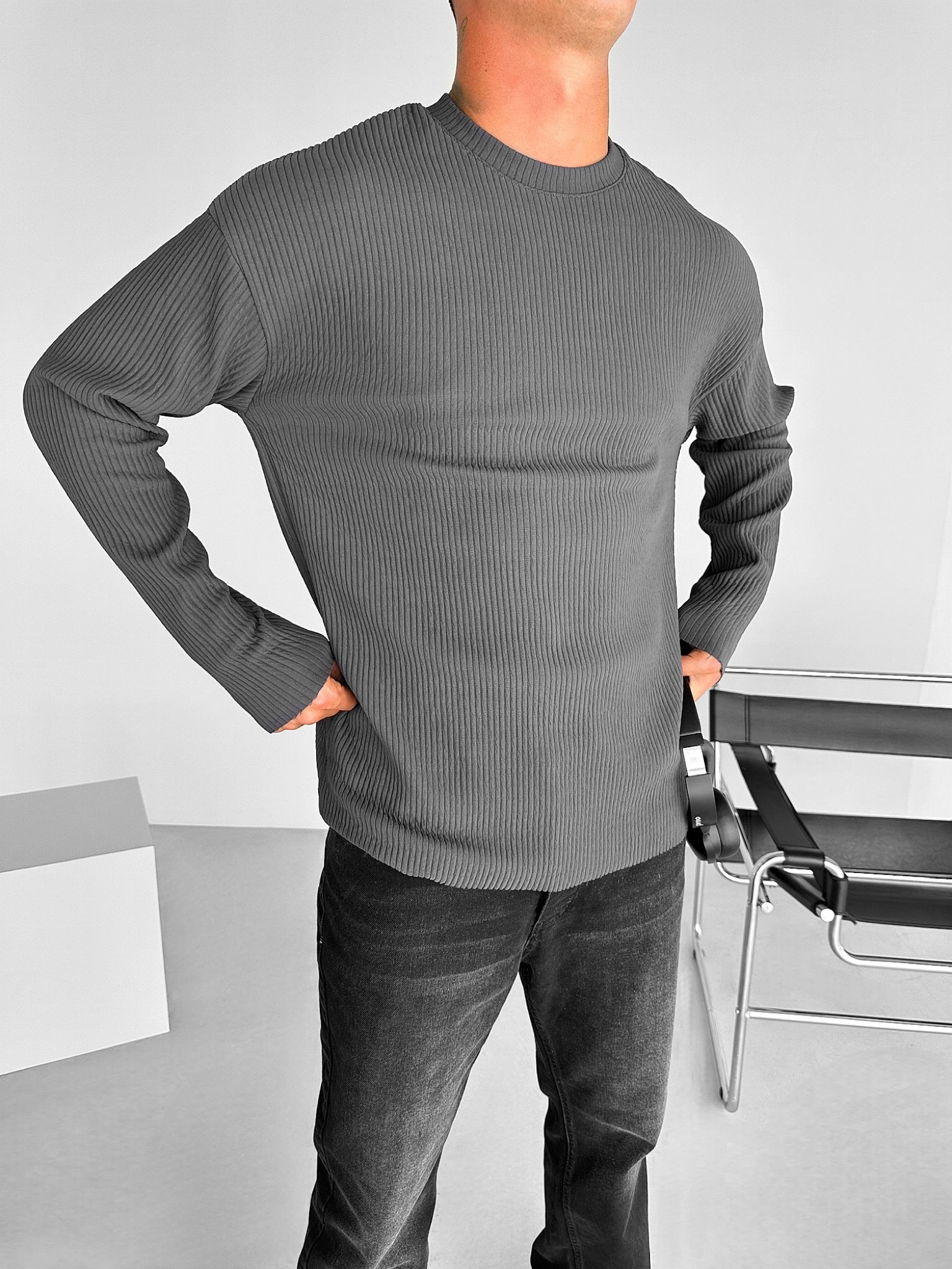 Erkek Rahat Kalıp Fitilli Uzun Kollu Sweatshirt Füme