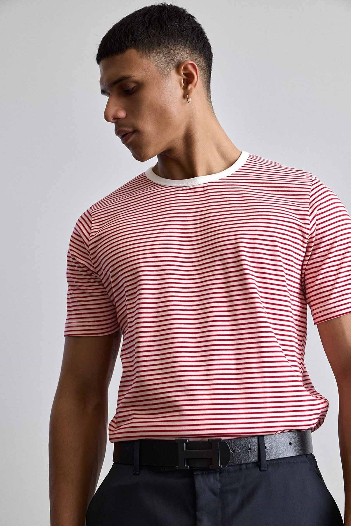 Erkek Regular Fit Çizgili Basic T-Shirt Kırmızı
