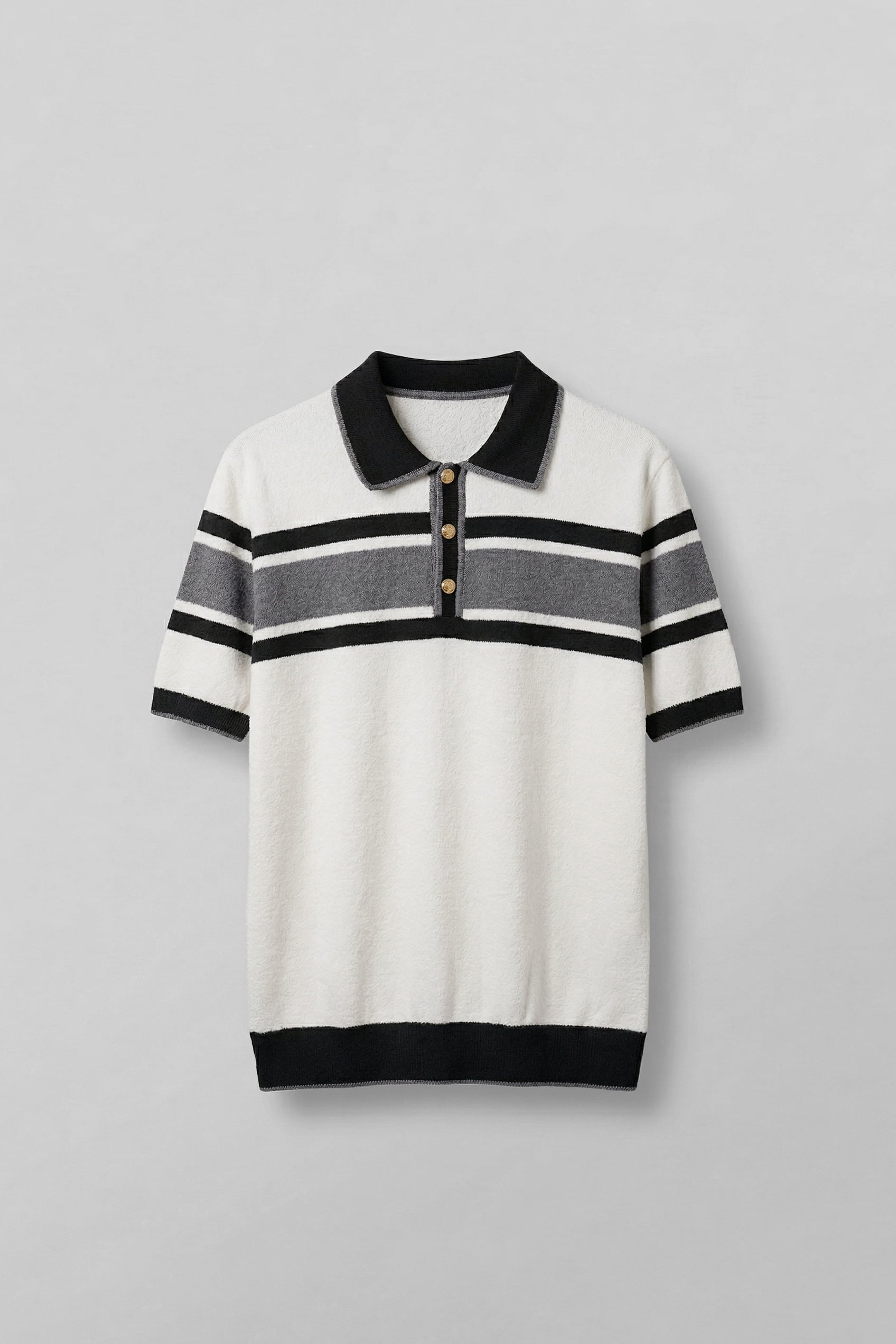 Erkek Regular Fit Çizgili Havlu Triko Polo Yaka T-Shirt Ekru Siyah