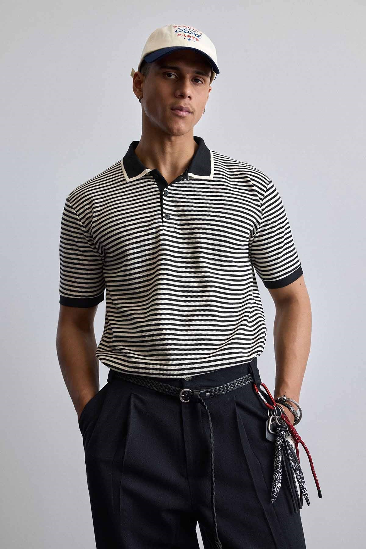 Erkek Regular Fit Çizgili Polo Yaka Örme T-Shirt Siyah