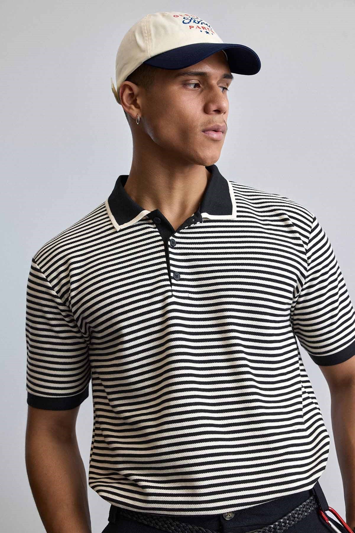 Erkek Regular Fit Çizgili Polo Yaka Örme T-Shirt Siyah