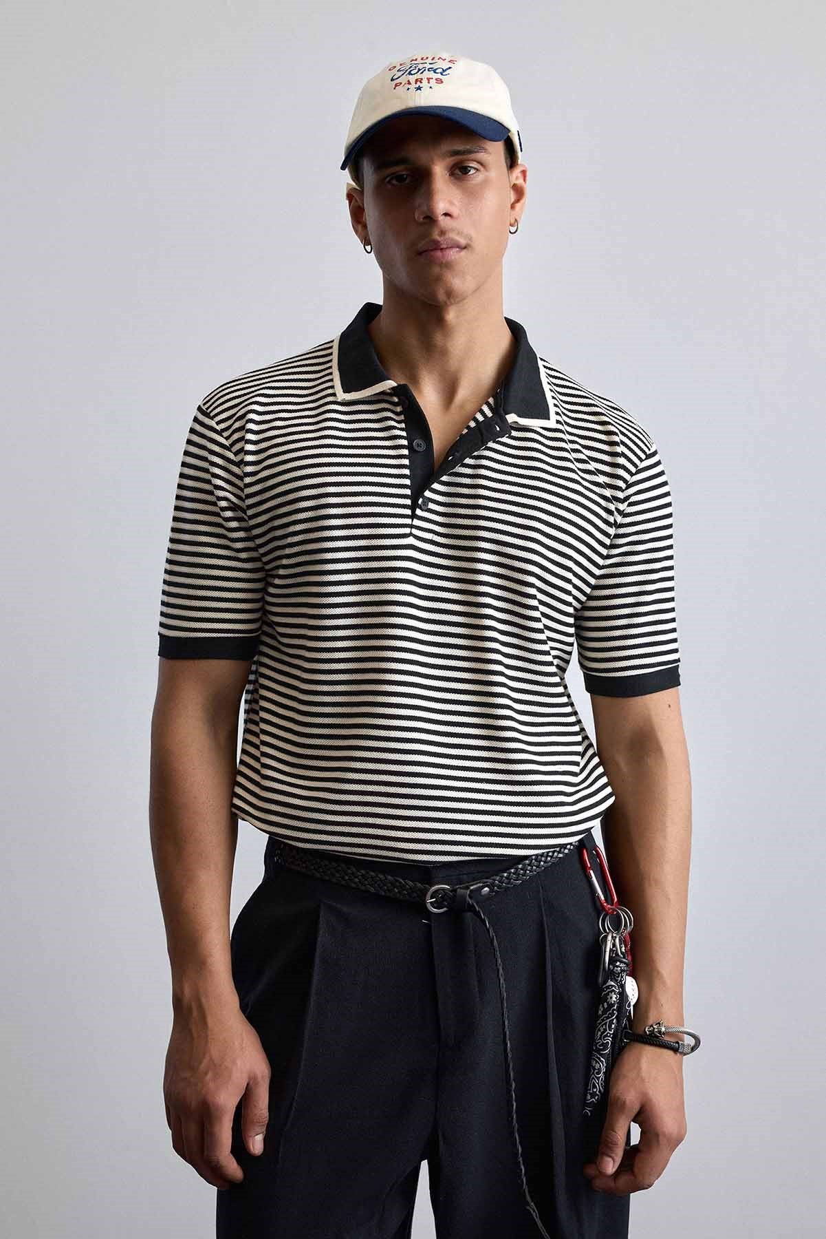Erkek Regular Fit Çizgili Polo Yaka Örme T-Shirt Siyah