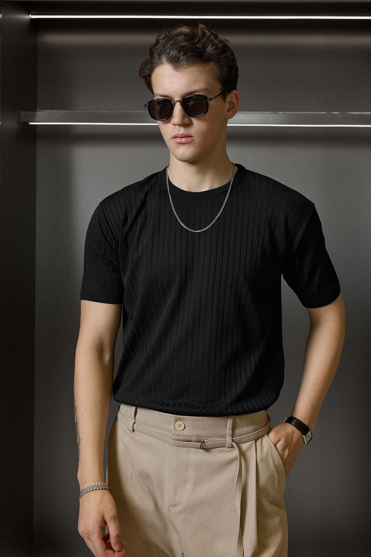 Erkek Regular Fit Fitilli Triko Bisiklet Yaka T-Shirt Siyah