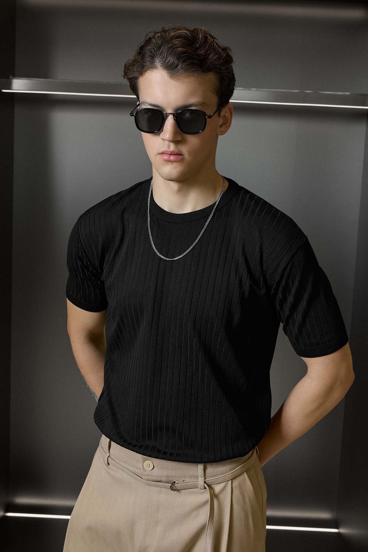 Erkek Regular Fit Fitilli Triko Bisiklet Yaka T-Shirt Siyah
